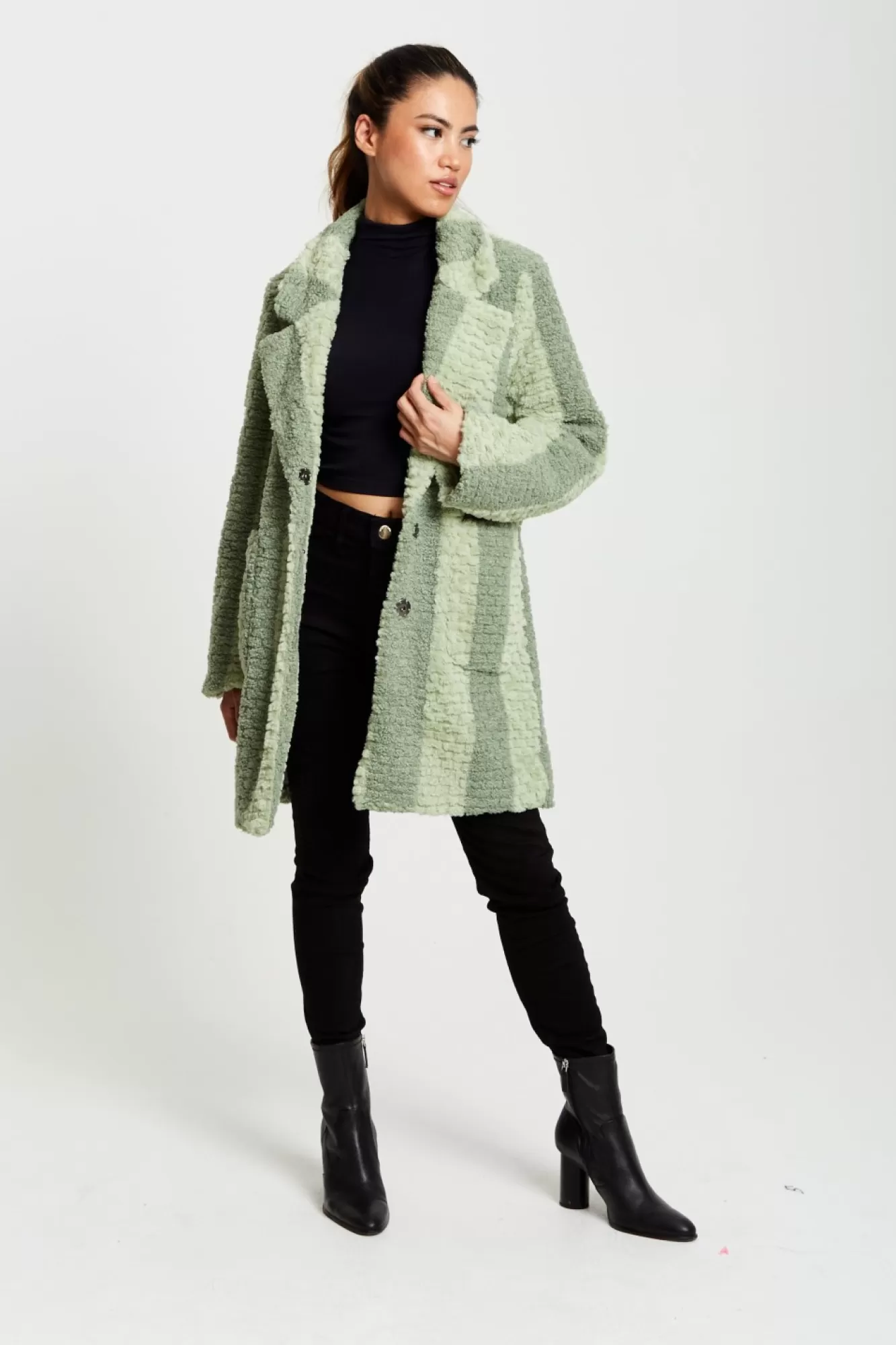Outerwear^Liquorish Teddy Coat In Stripe Green
