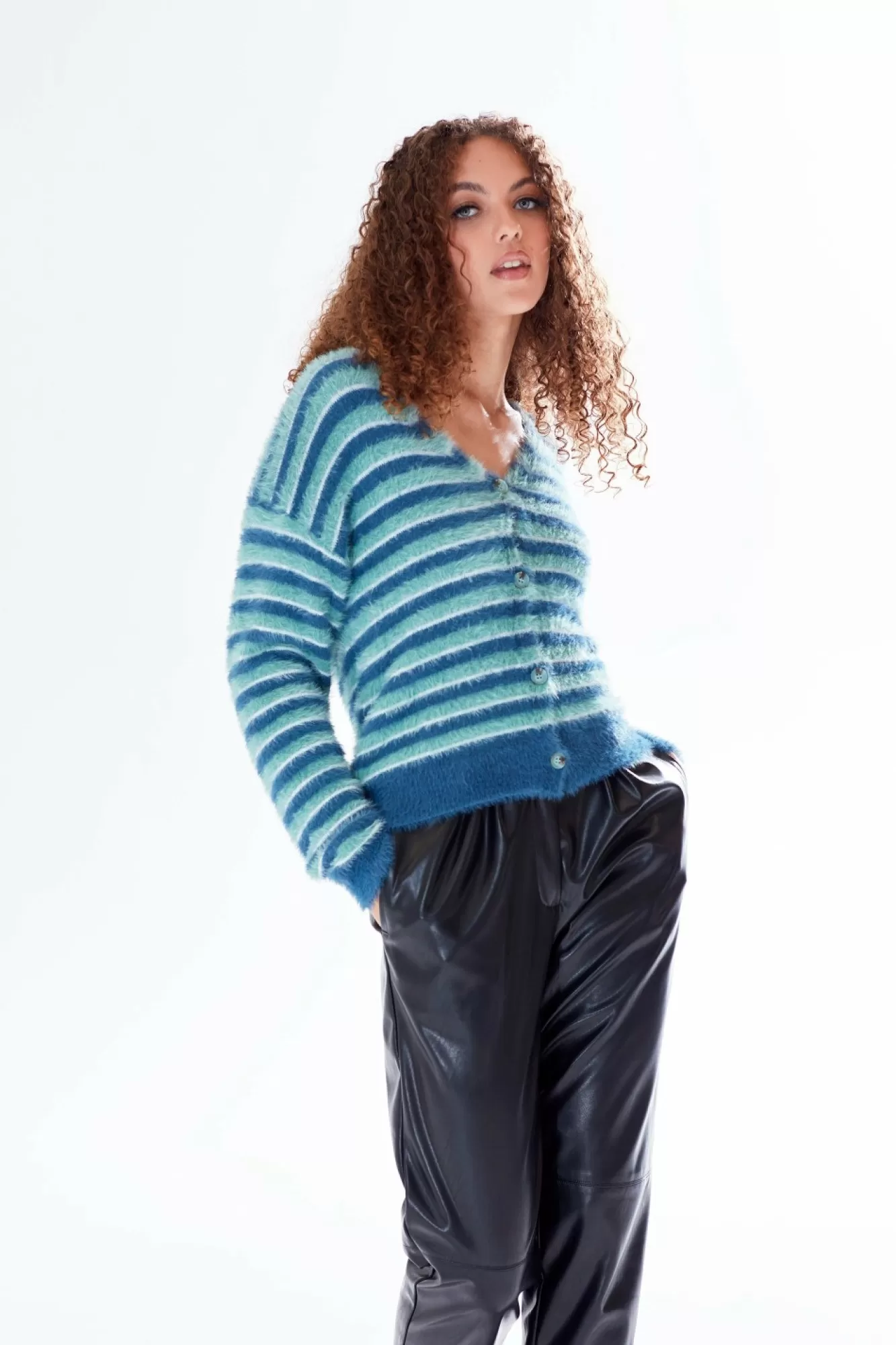 Jumpers^Liquorish Texture Stripe Cardigan Blue Turquoise White Tones Multicolor