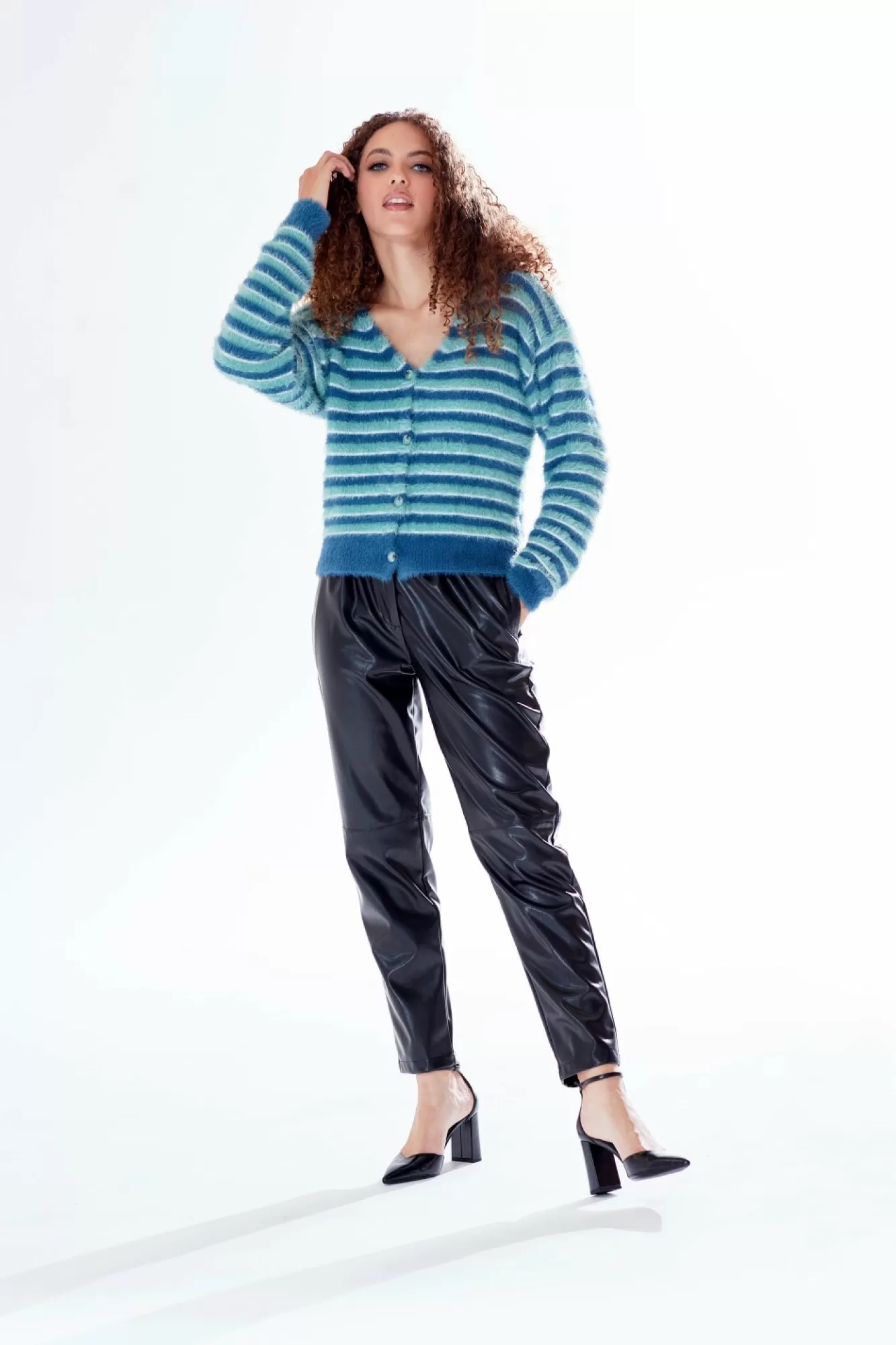 Jumpers^Liquorish Texture Stripe Cardigan Blue Turquoise White Tones Multicolor