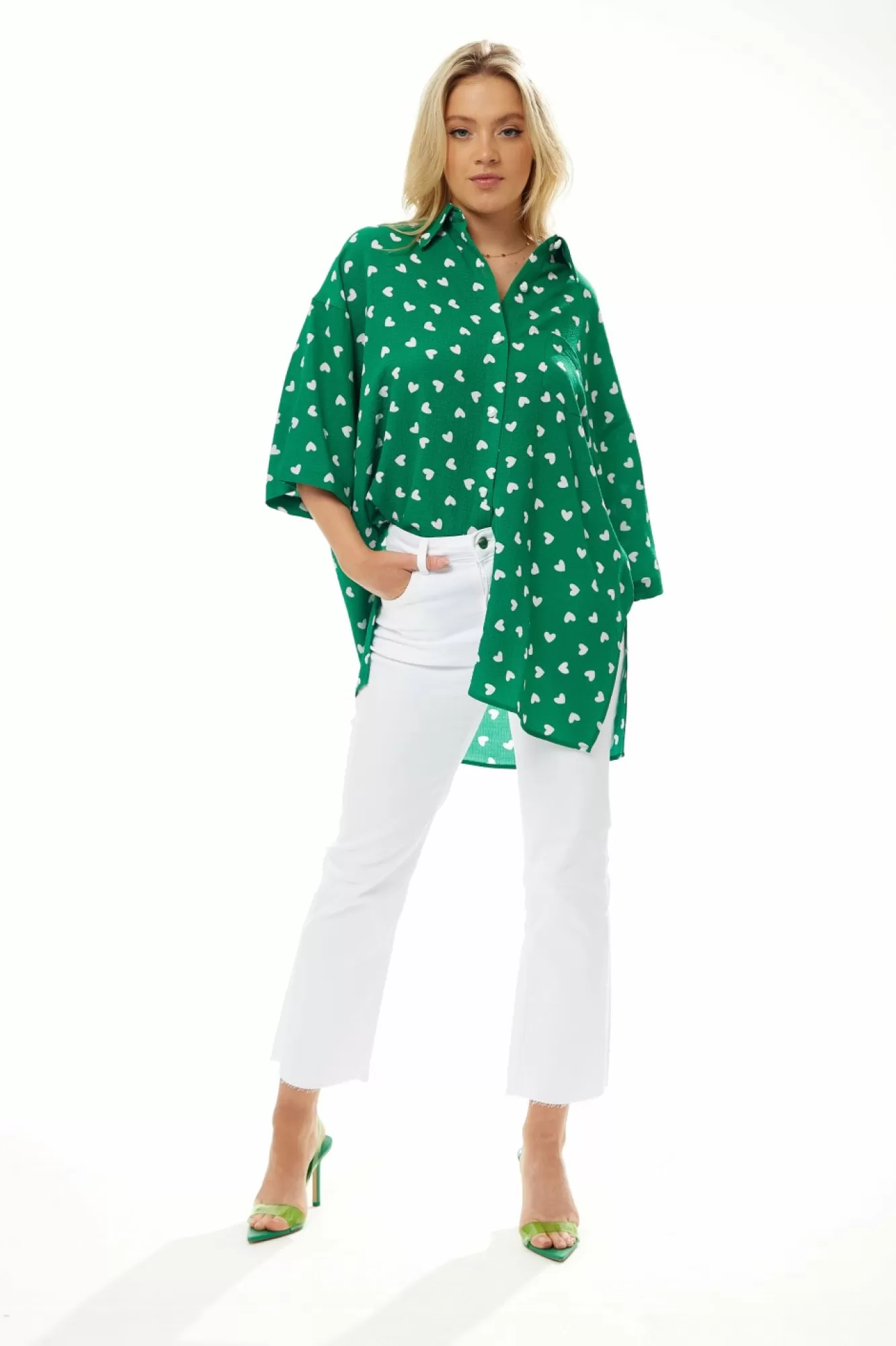 Blouses^Liquorish White Heart Print Shirt In Green