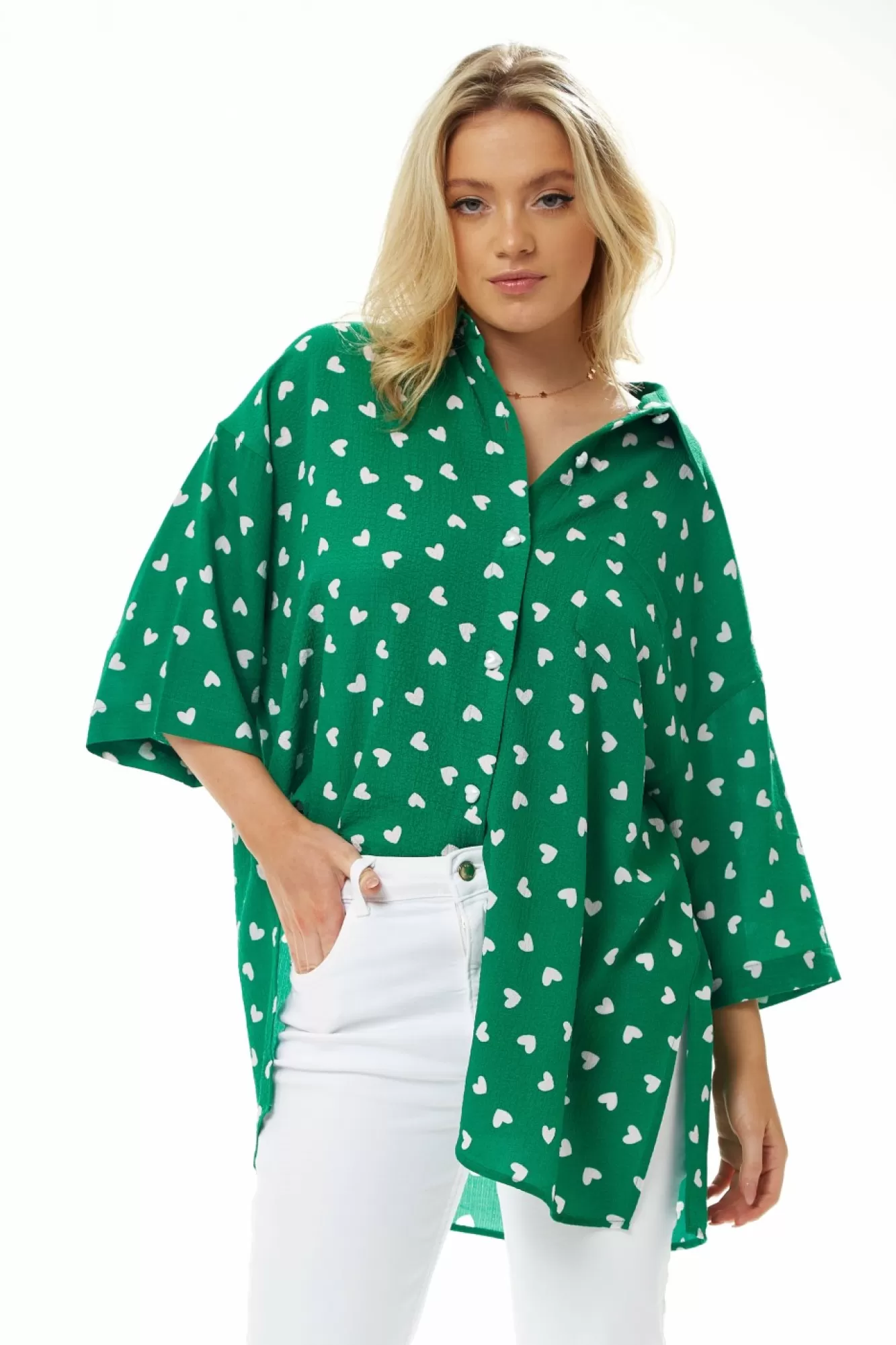 Blouses^Liquorish White Heart Print Shirt In Green