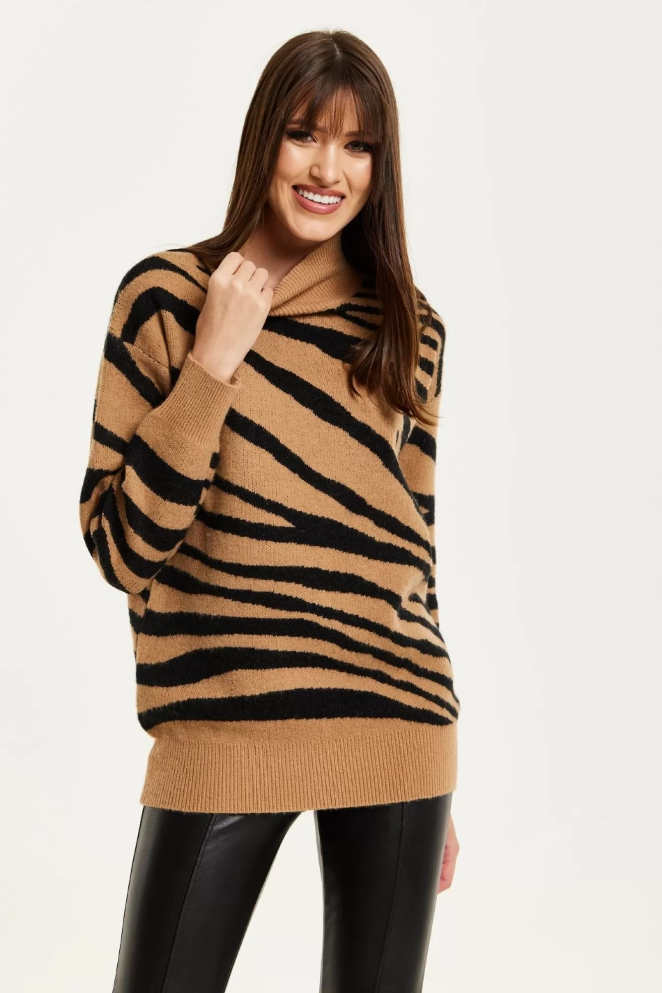 Jumpers^Liquorish Zebra Pattern High Neck Jumper In And Black Brown