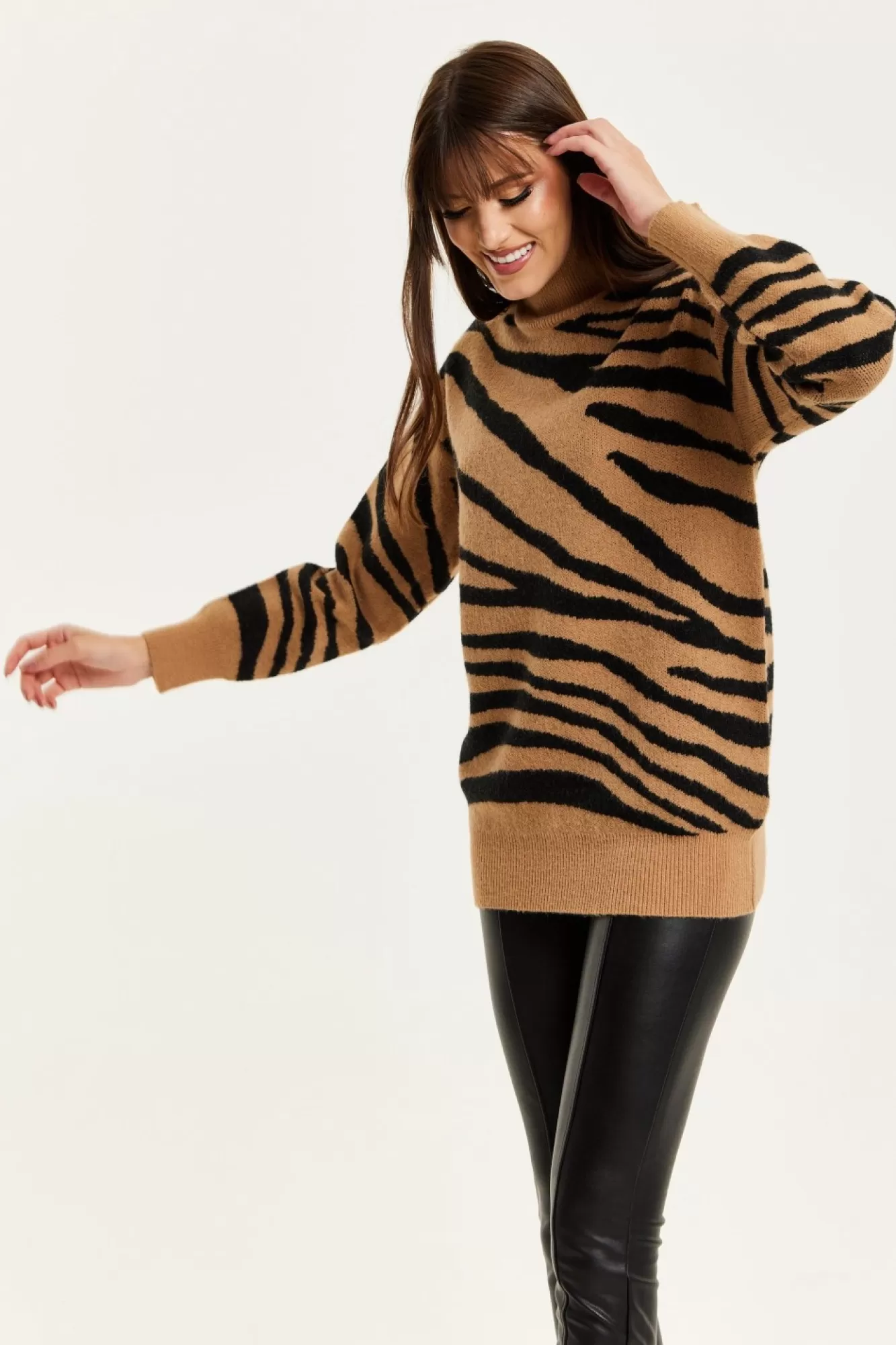 Jumpers^Liquorish Zebra Pattern High Neck Jumper In And Black Brown