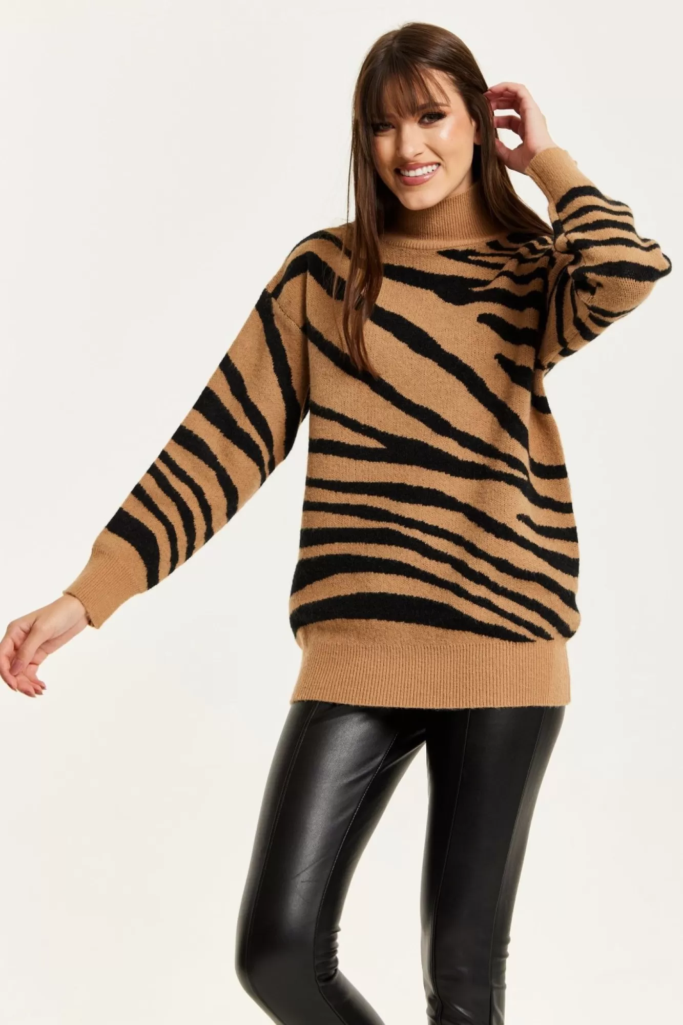 Jumpers^Liquorish Zebra Pattern High Neck Jumper In And Black Brown
