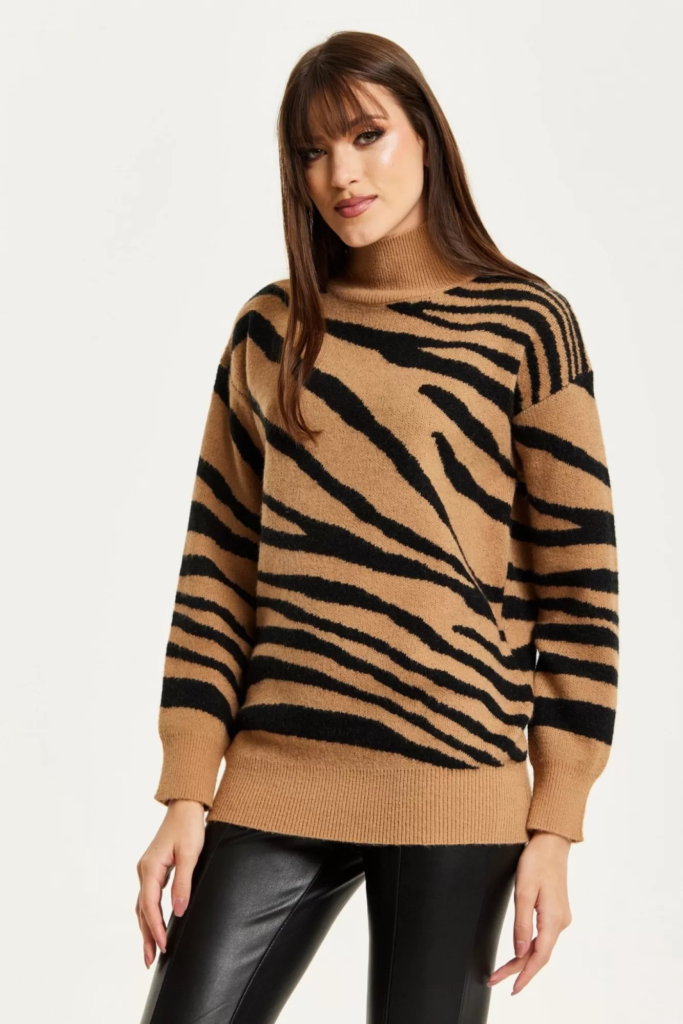 Jumpers^Liquorish Zebra Pattern High Neck Jumper In And Black Brown