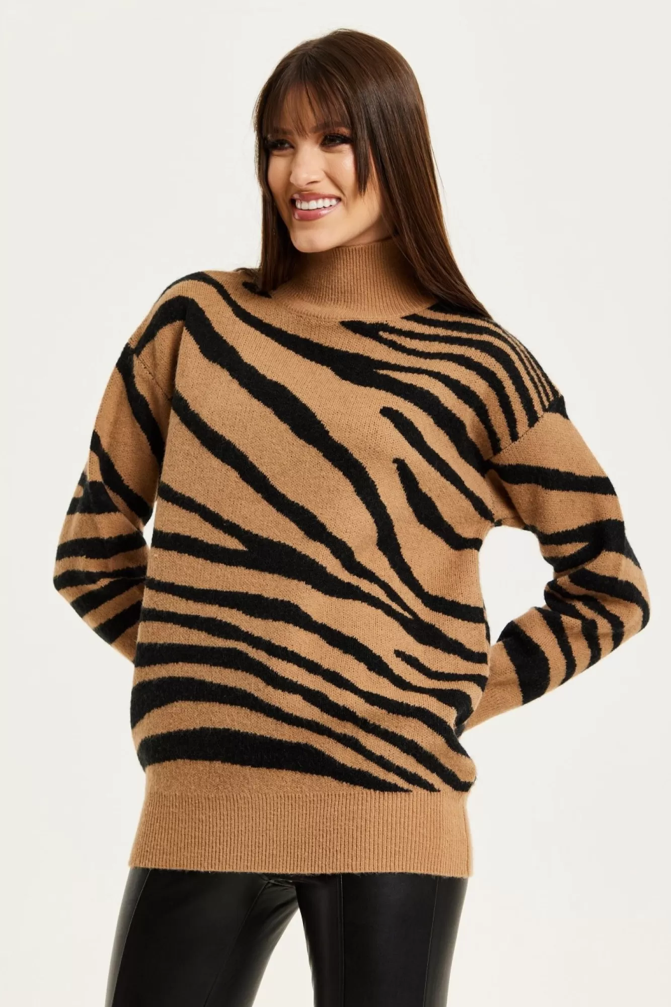 Jumpers^Liquorish Zebra Pattern High Neck Jumper In And Black Brown