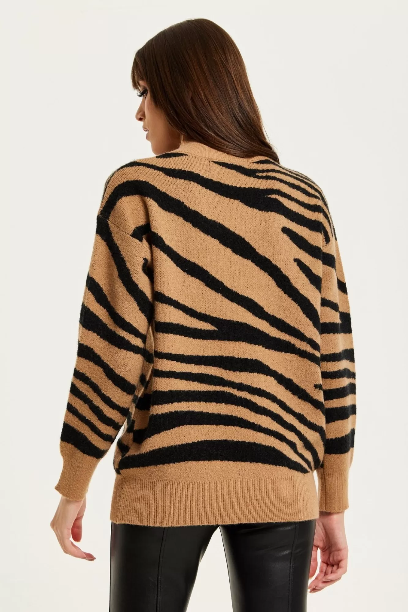 Jumpers^Liquorish Zebra Pattern High Neck Jumper In And Black Brown