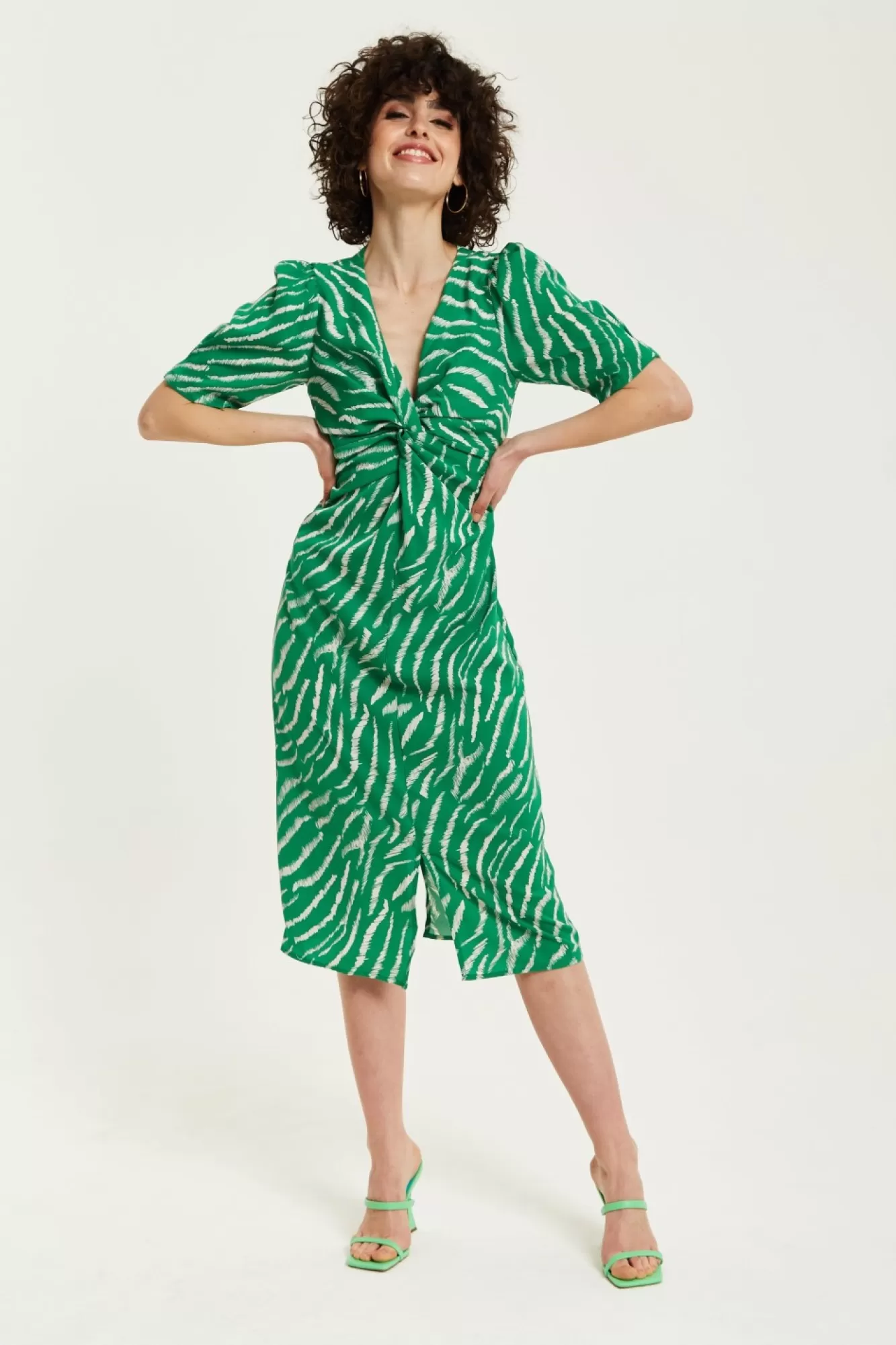 Midi Dresses^Liquorish Zebra Print Knot Front Midi Dress Green