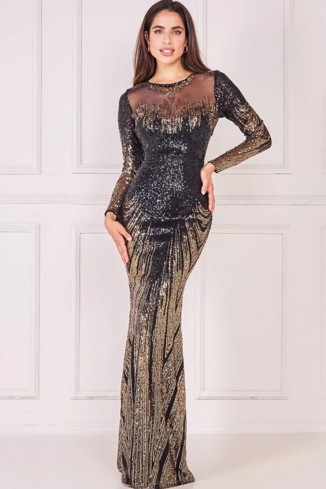 Maxi Dresses^* Long Sleeve Aztec Sequin Maxi Gold