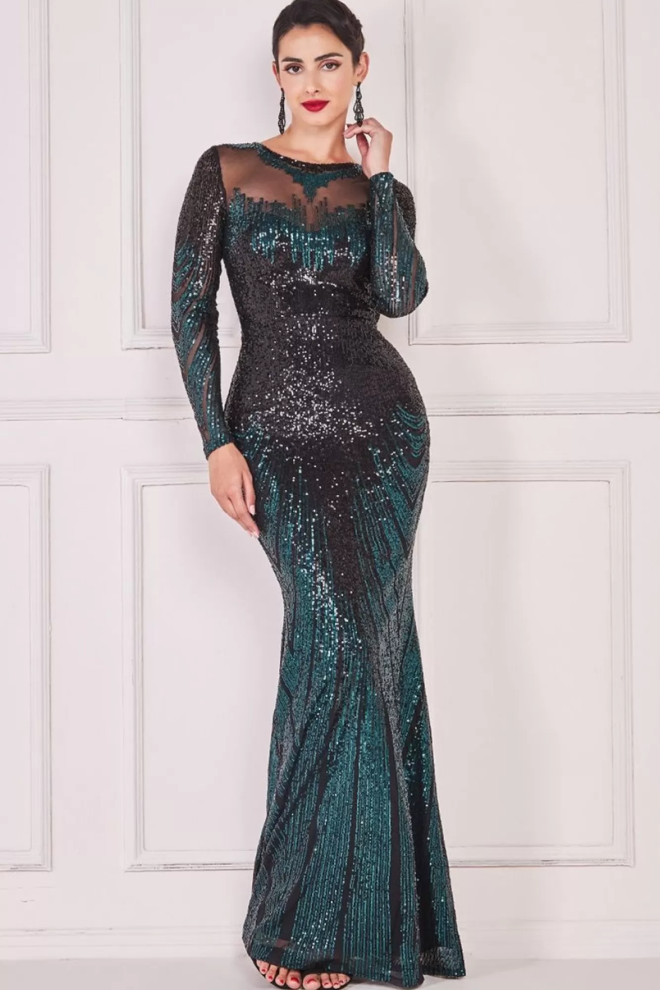 Maxi Dresses^* Long Sleeve Aztec Sequin Maxi Emerald