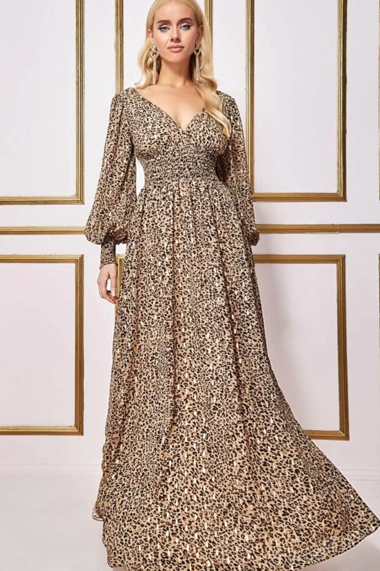 Maxi Dresses^* Long Sleeve Maxi Shirred Waistband - Animal Print Animalprint