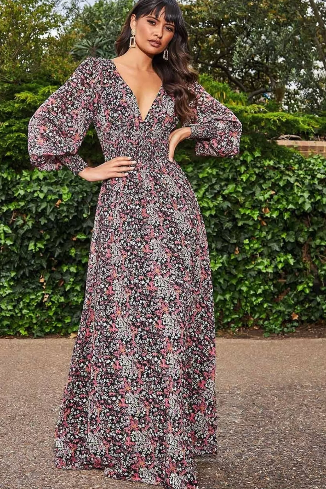 Maxi Dresses^* Long Sleeve Maxi Shirred Waistband - Floral Print Floralprint