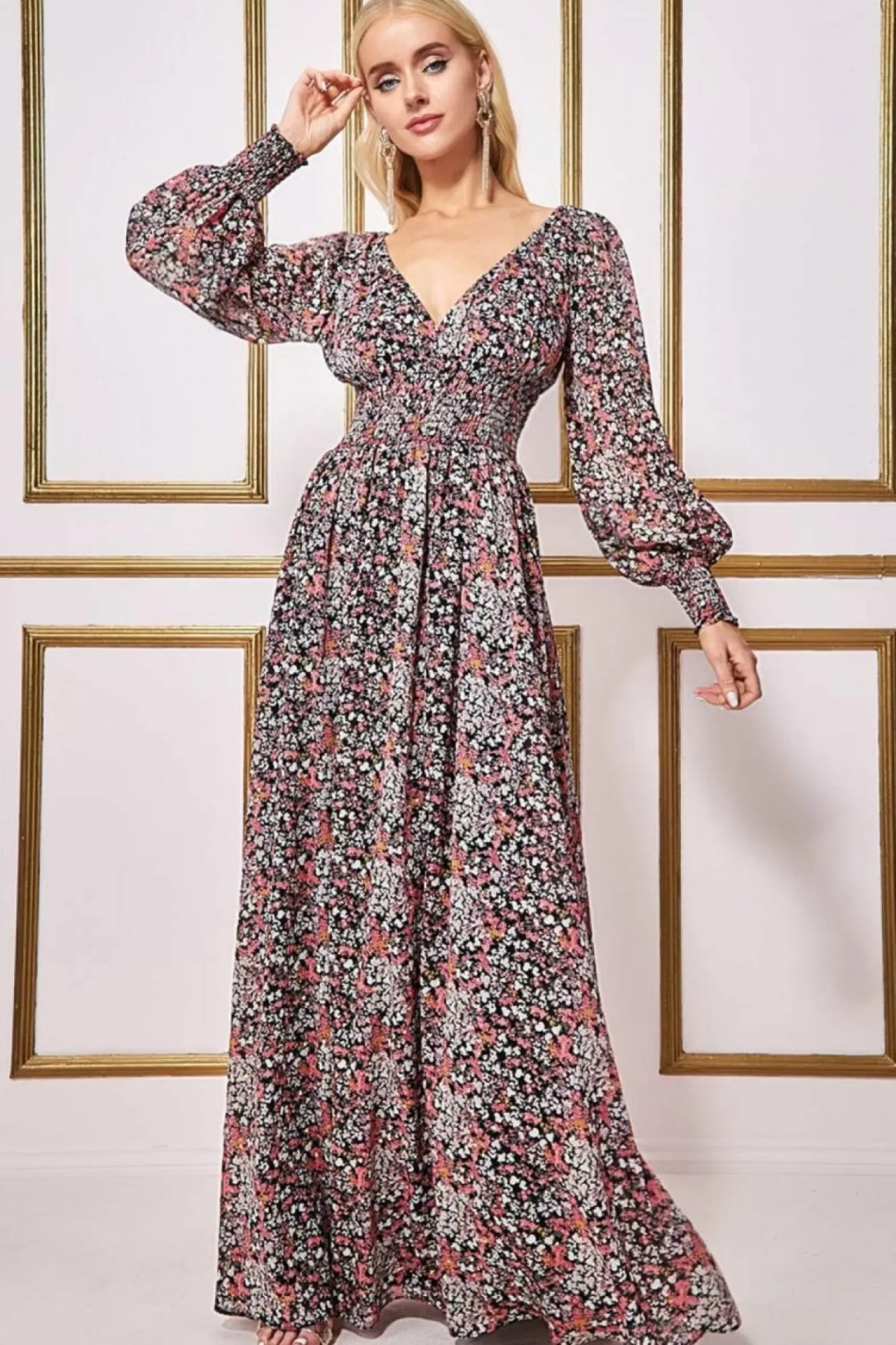 Maxi Dresses^* Long Sleeve Maxi Shirred Waistband - Floral Print Floralprint
