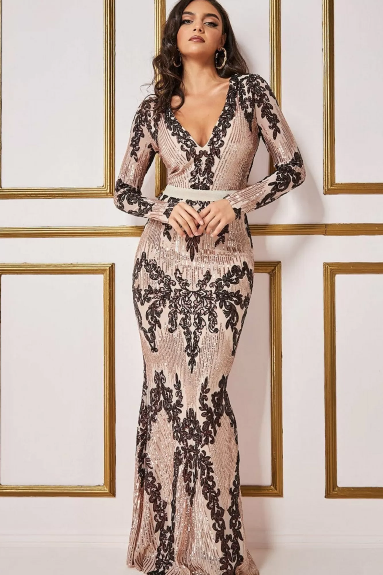 Maxi Dresses^* Long Sleeve Sequin Evening Maxi Dress Champagne