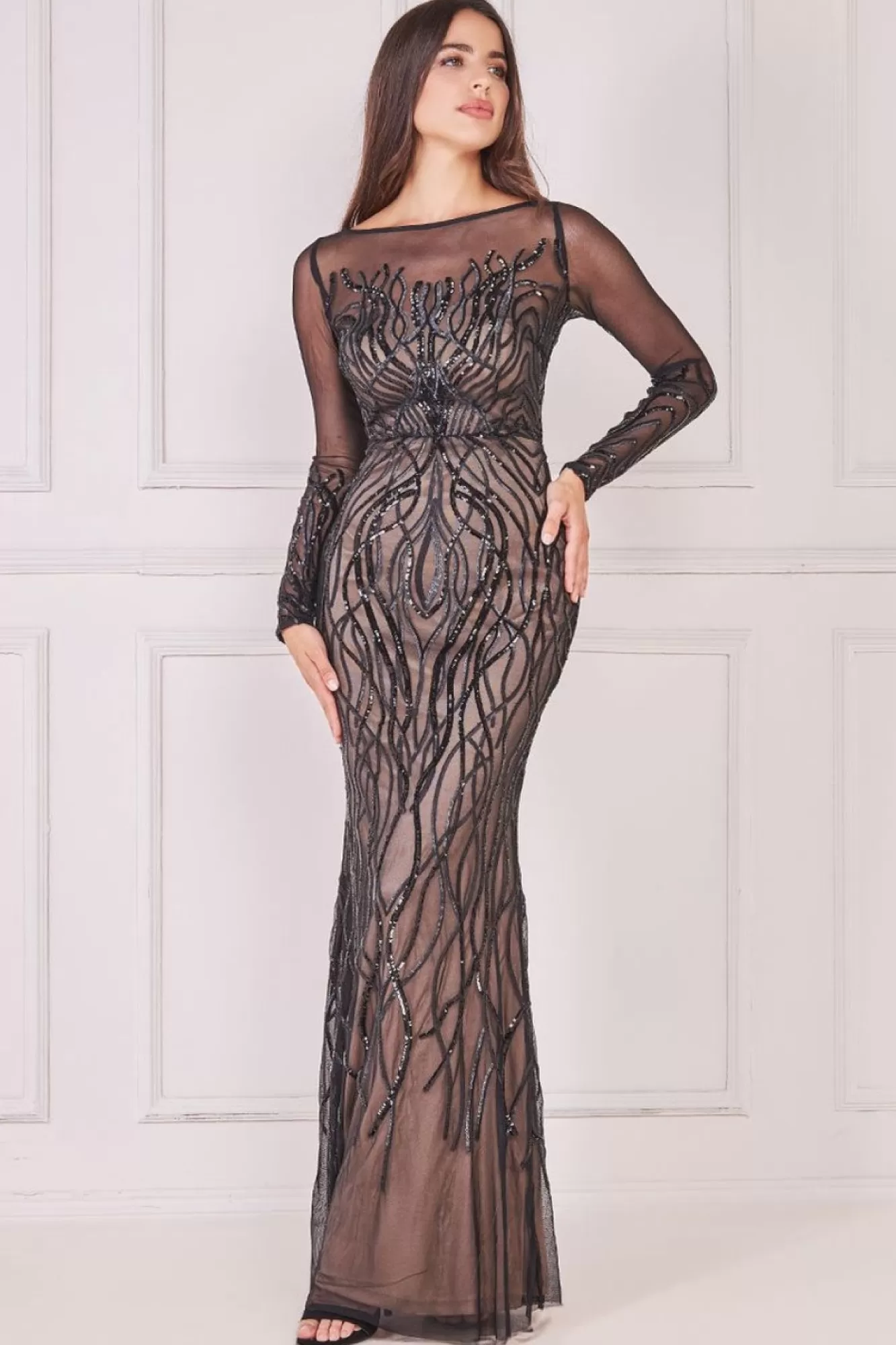 Maxi Dresses^* Long Sleeve Sequin Flame Maxi Solid Black