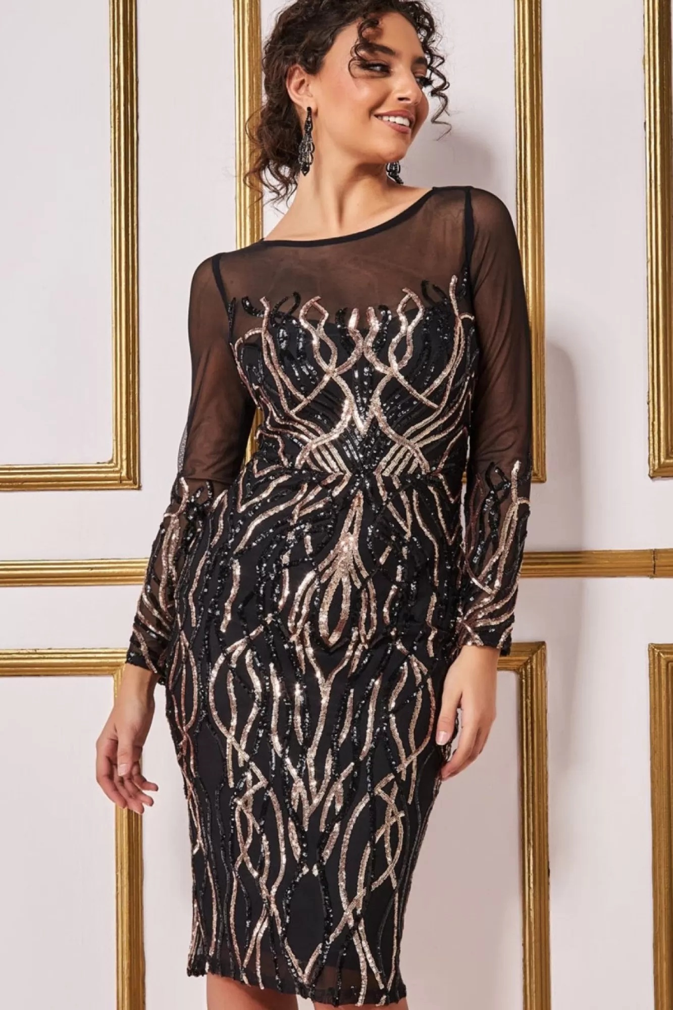 Midi Dresses^* Long Sleeve Sequin Flame Midi Dress Black