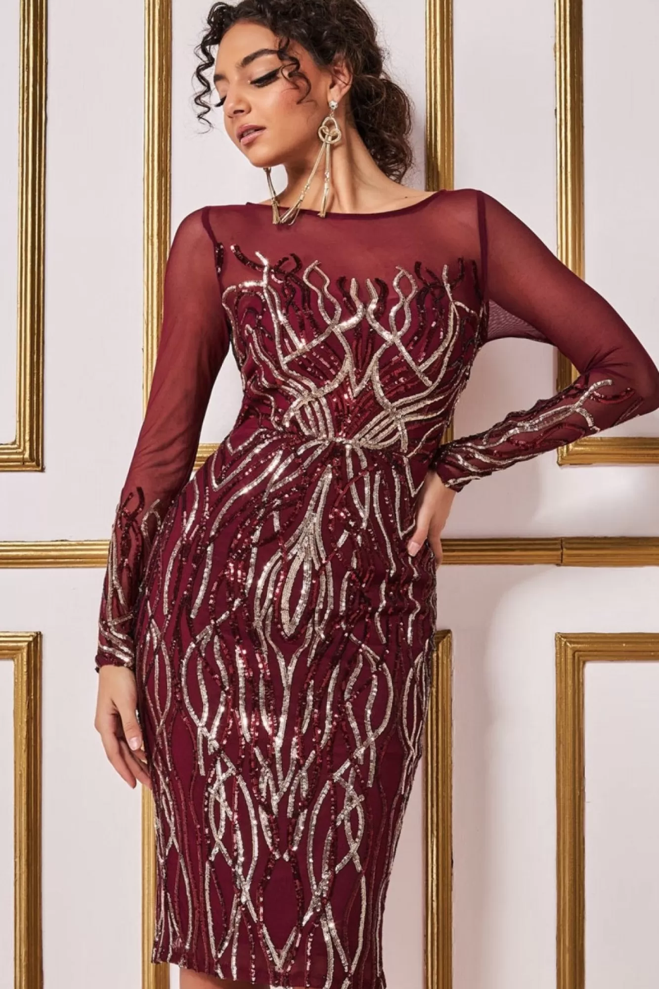 Midi Dresses^* Long Sleeve Sequin Flame Midi Dress Wine
