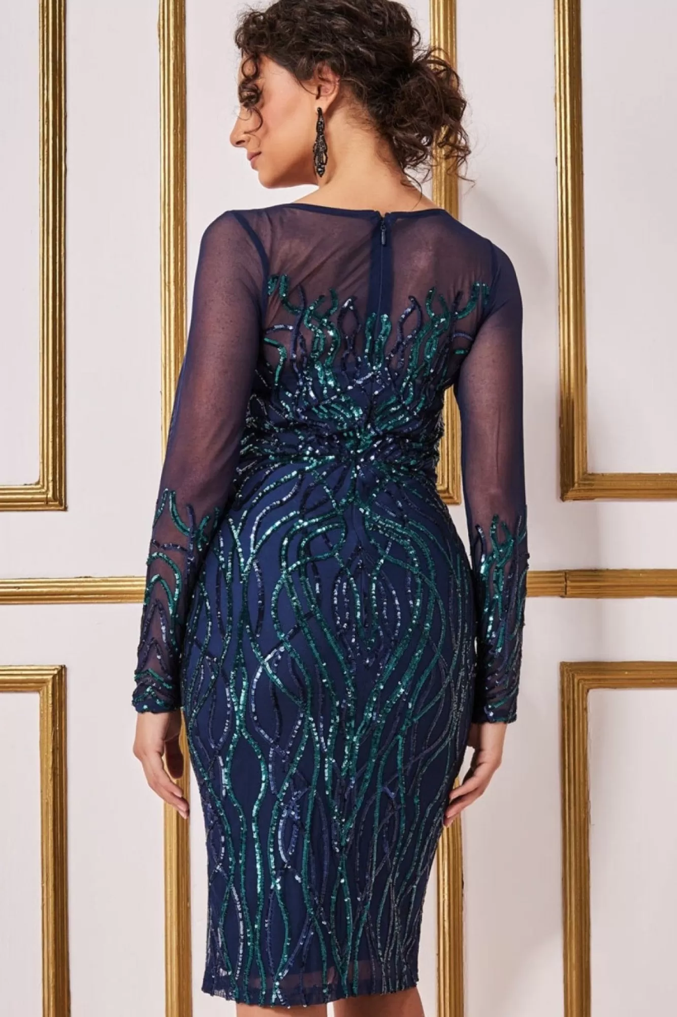 Midi Dresses^* Long Sleeve Sequin Flame Midi Dress Navy
