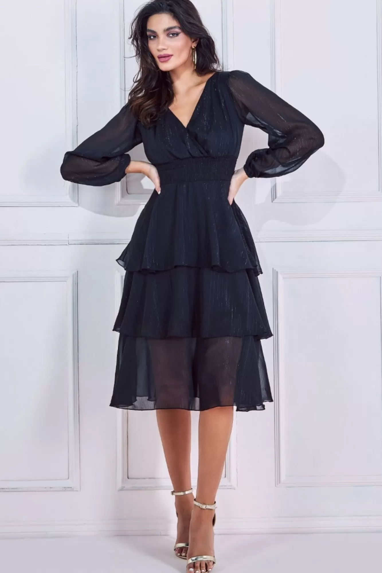 Midi Dresses^* Long Sleeve Tiered Midi Dress Black