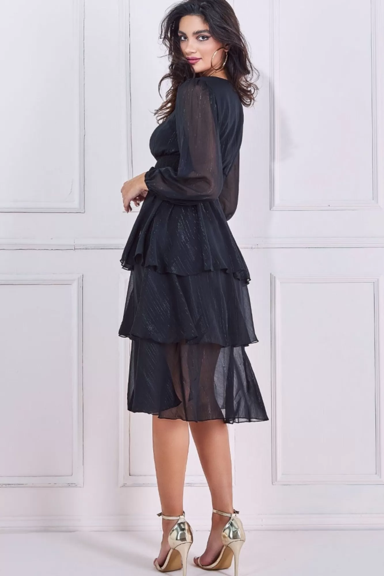 Midi Dresses^* Long Sleeve Tiered Midi Dress Black