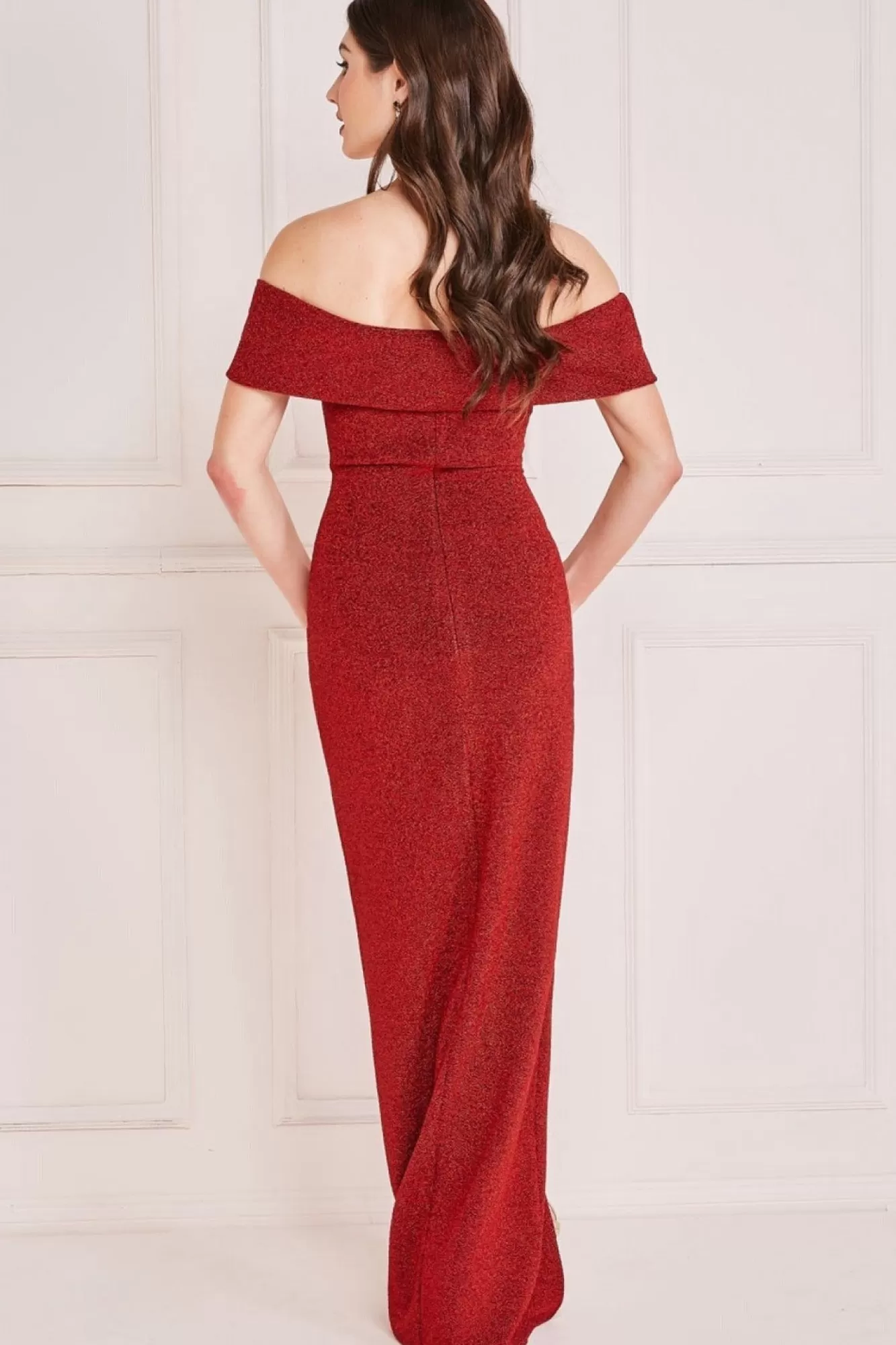 Maxi Dresses^* Lurex Bardot Maxi With Waterfall Ruffle Red
