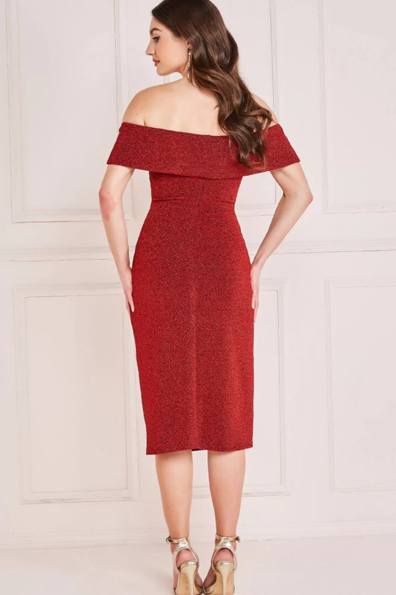 Midi Dresses^* Lurex Bardot Midi With Waterfall Ruffle Red