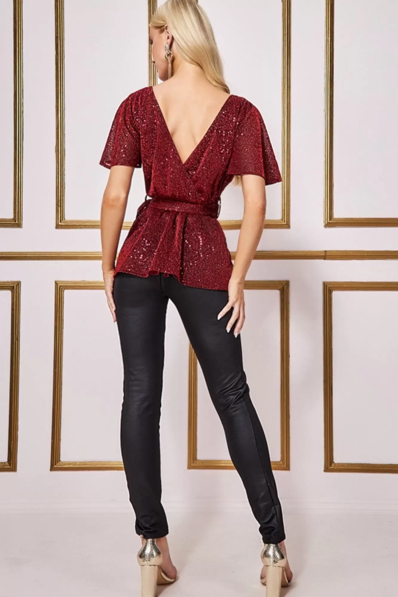 Blouses^* Lurex Flutter Sleeve Wrap Top Wine