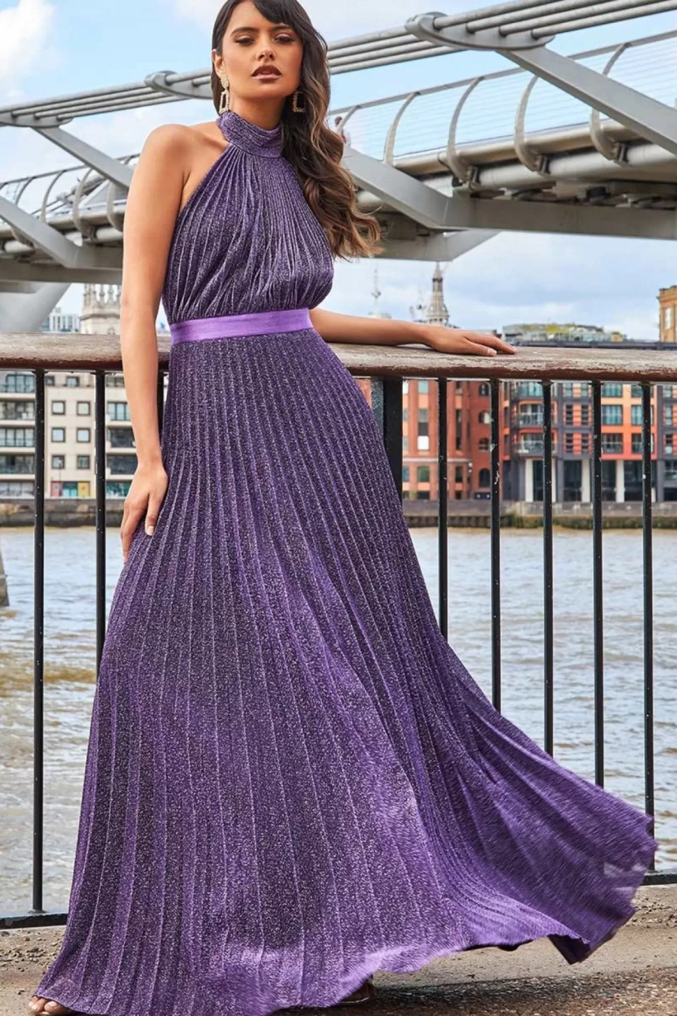 Maxi Dresses^* Lurex Halterneck Pleated Maxi Dress Purple