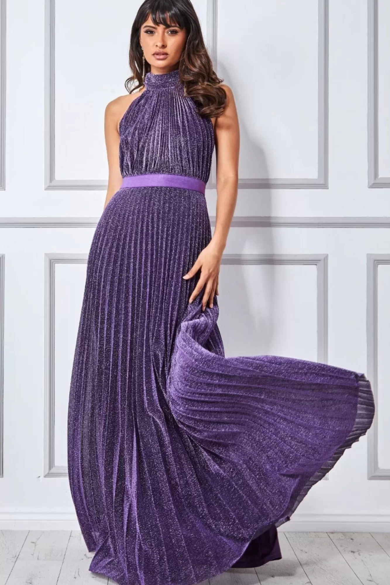 Maxi Dresses^* Lurex Halterneck Pleated Maxi Dress Purple