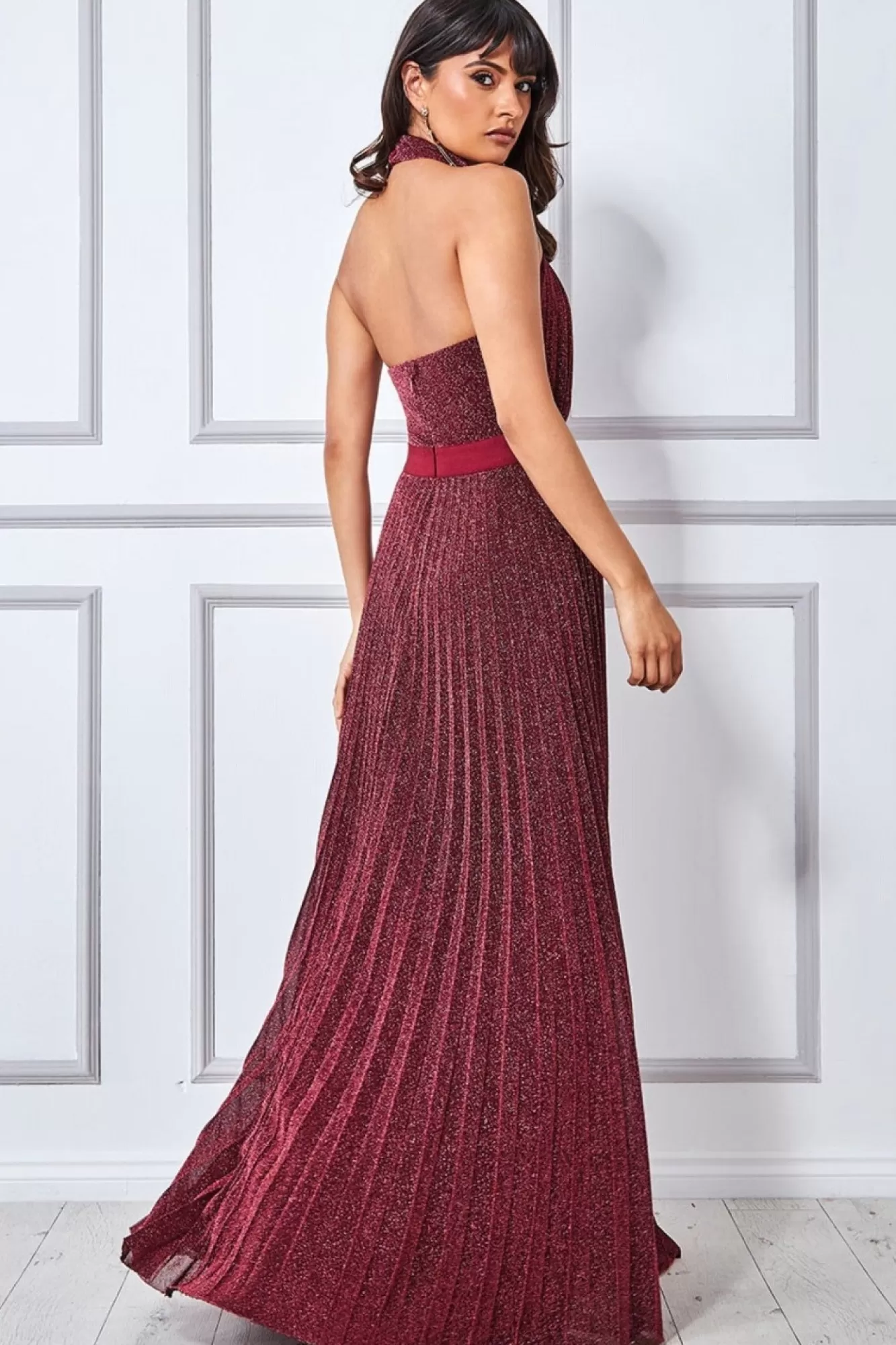 Maxi Dresses^* Lurex Halterneck Pleated Maxi Dress Wine
