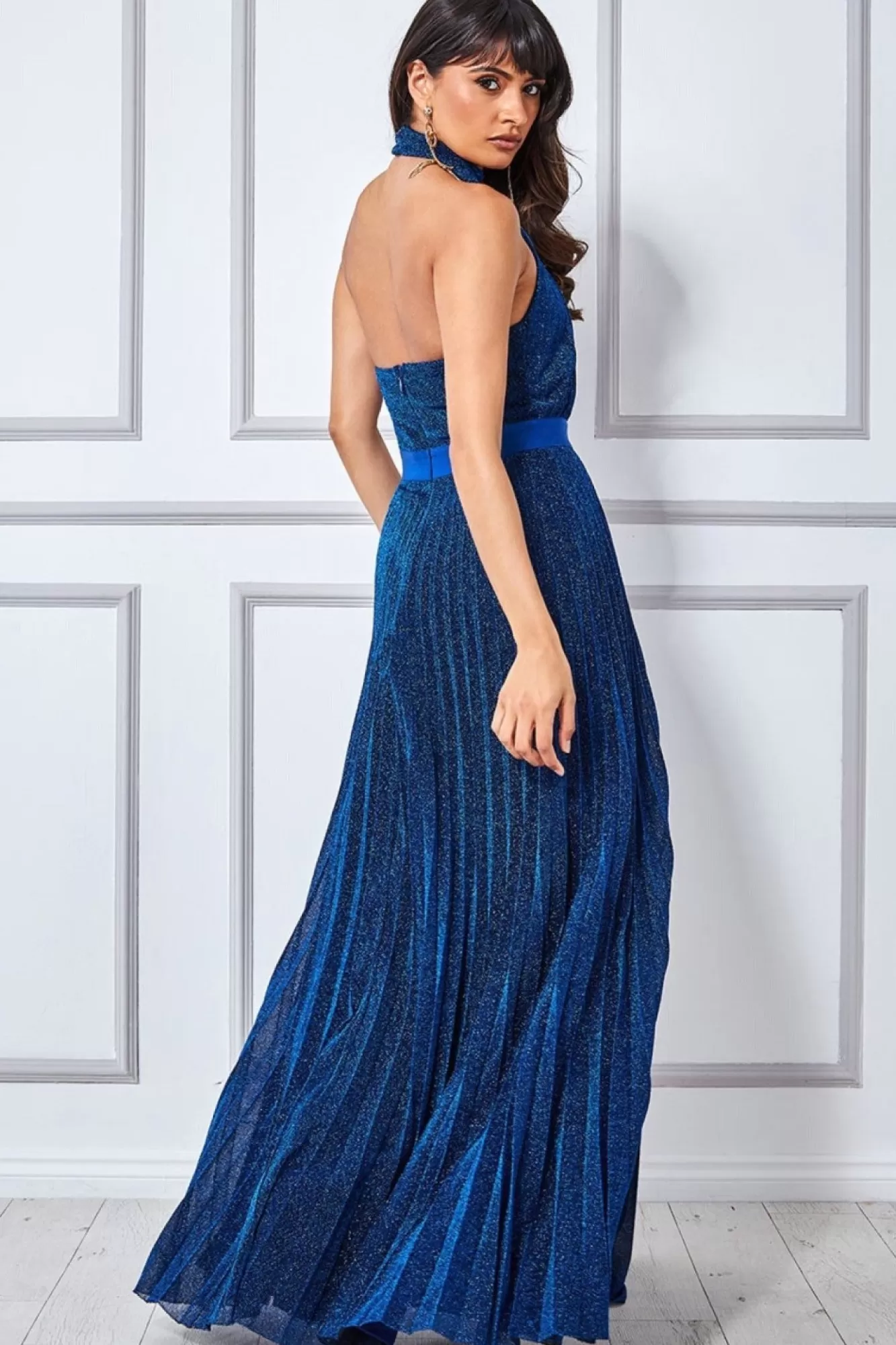 Maxi Dresses^* Lurex Halterneck Pleated Maxi Dress - Royal Blue Royalblue