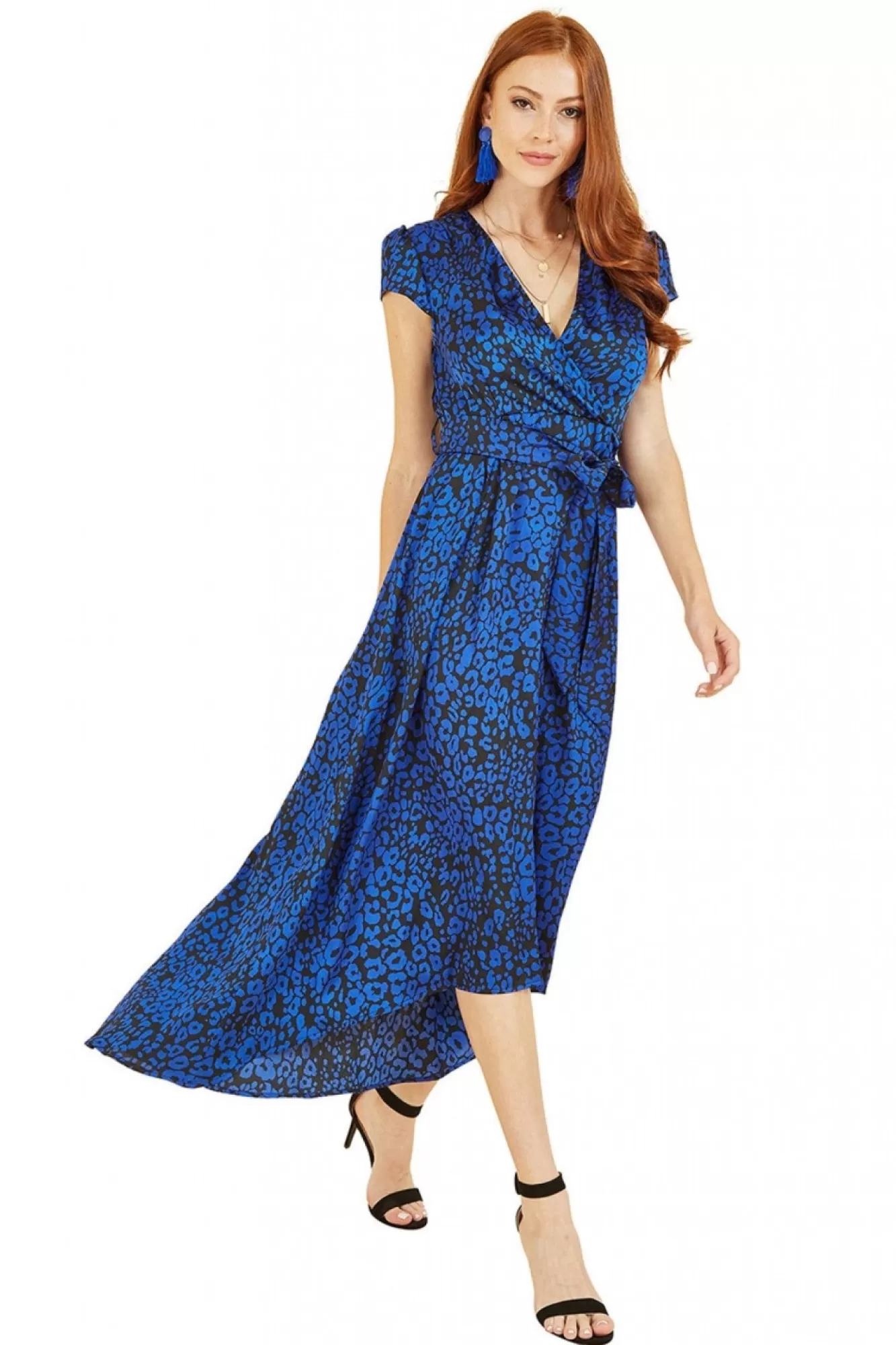 Midi Dresses^Mela London Animal Print Dip Hem Midi Wrap Dress Blue