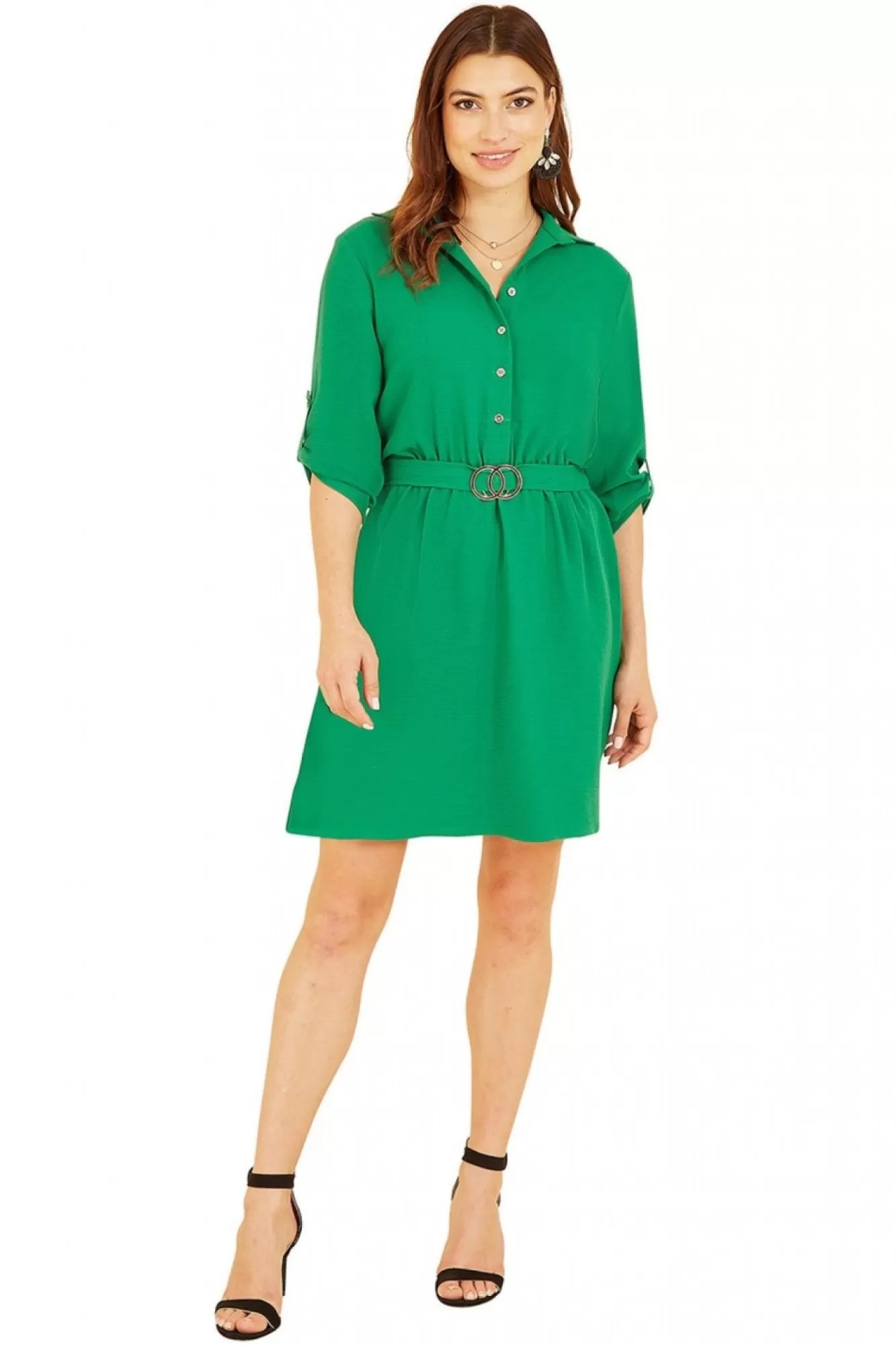 Mini Dresses^Mela London Belted Shirt Dress With Gold Buckle Green