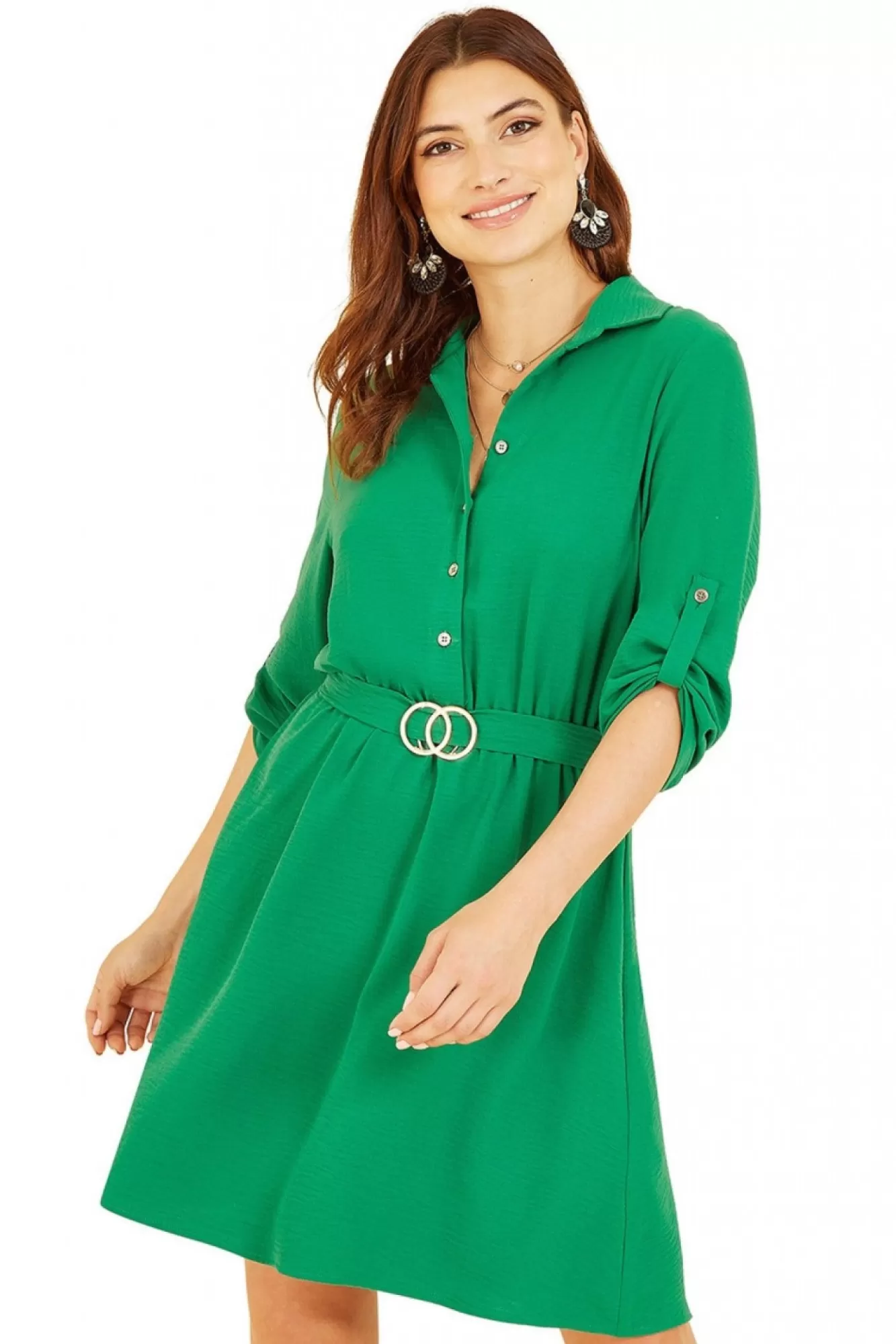 Mini Dresses^Mela London Belted Shirt Dress With Gold Buckle Green