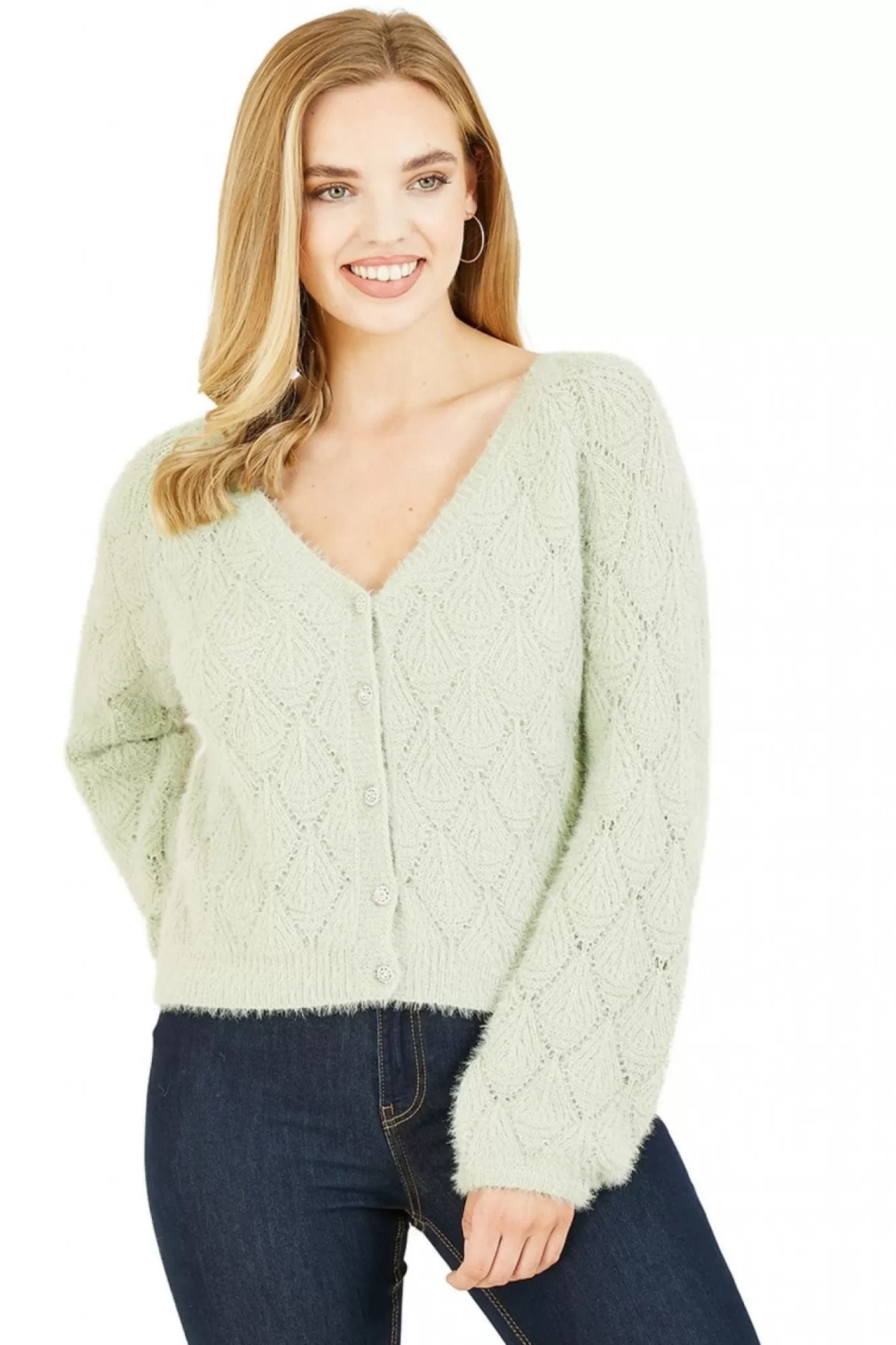Cardigans^Mela London Diamond Stitch Knitted Cardigan Green