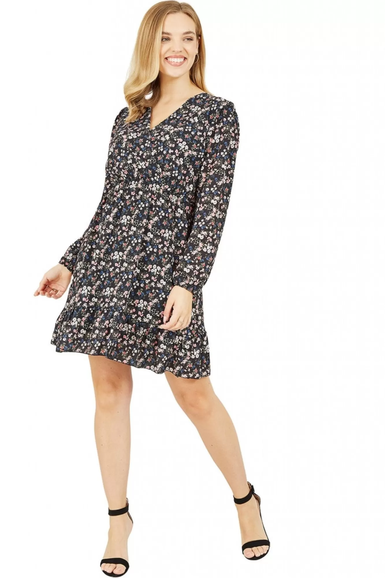 Mini Dresses^Mela London Ditsy Flower Print Wrap Layered Frill Dress Black