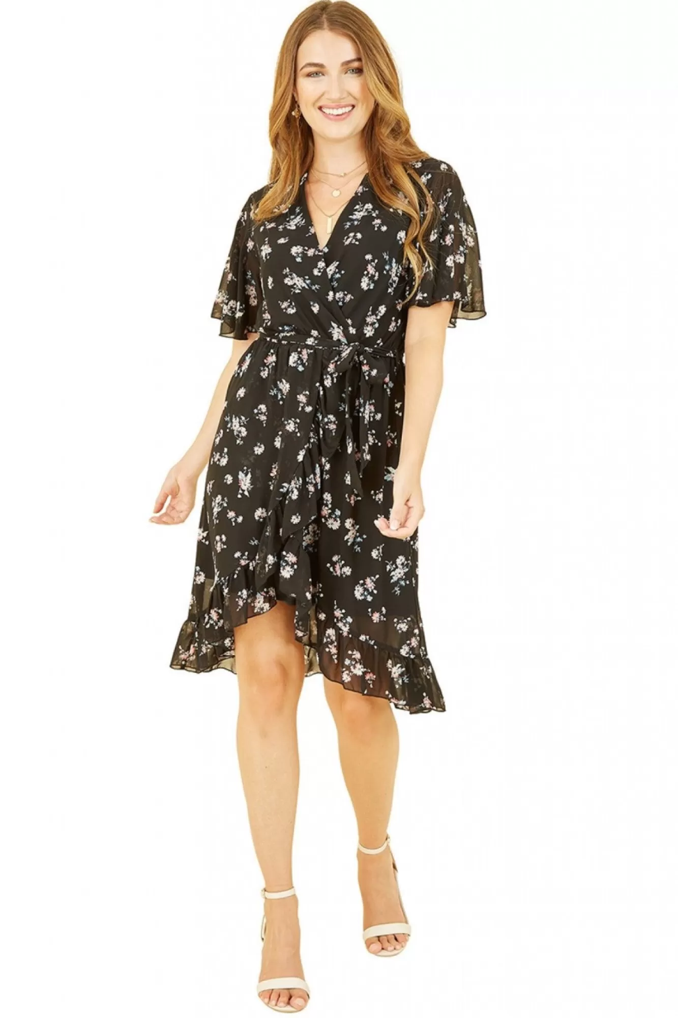 Mini Dresses^Mela London Floral Frill Wrap Dress Black