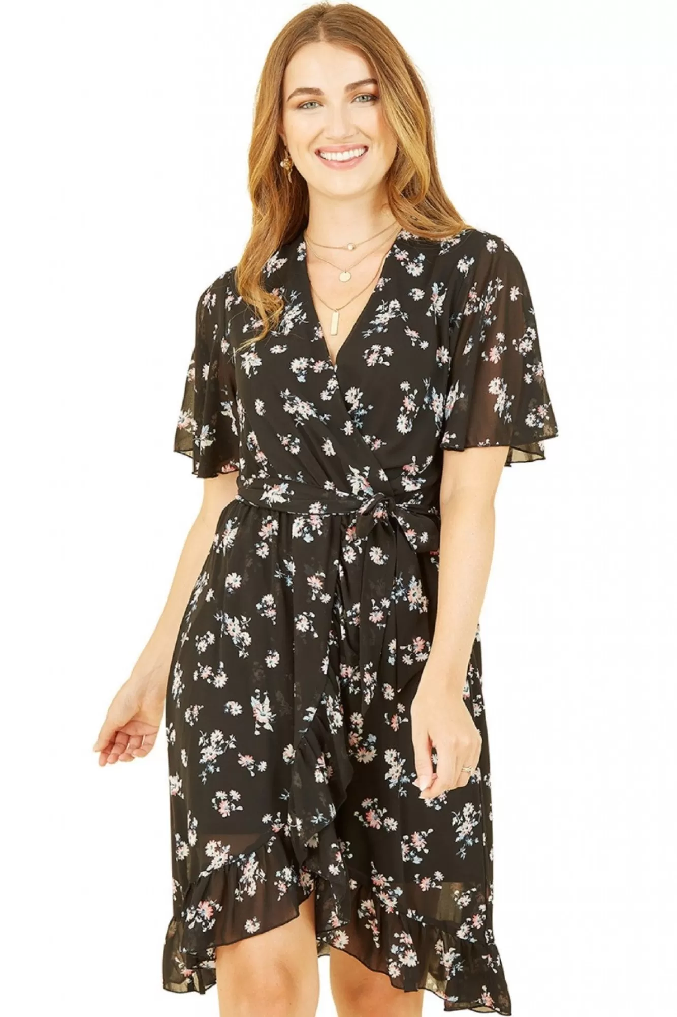 Mini Dresses^Mela London Floral Frill Wrap Dress Black