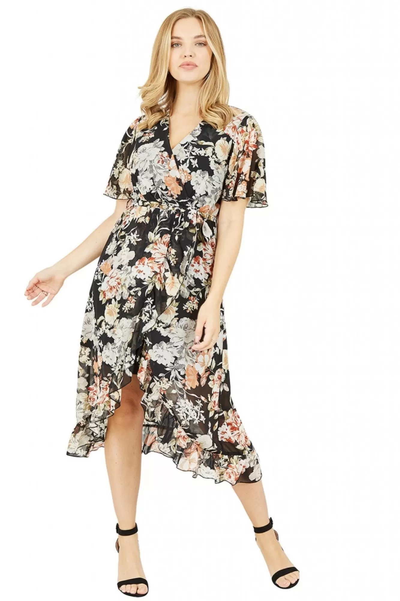 Mini Dresses^Mela London Floral High Low Wrap Dress Black