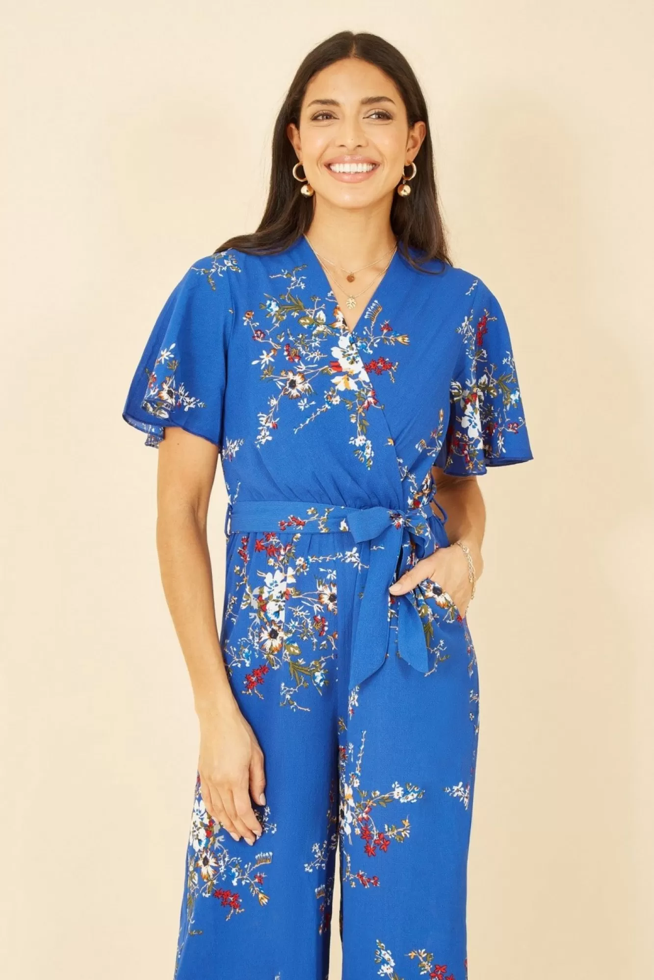 Jumpsuits^Mela London Floral Print Jumpsuit With Angel Sleeves Blue