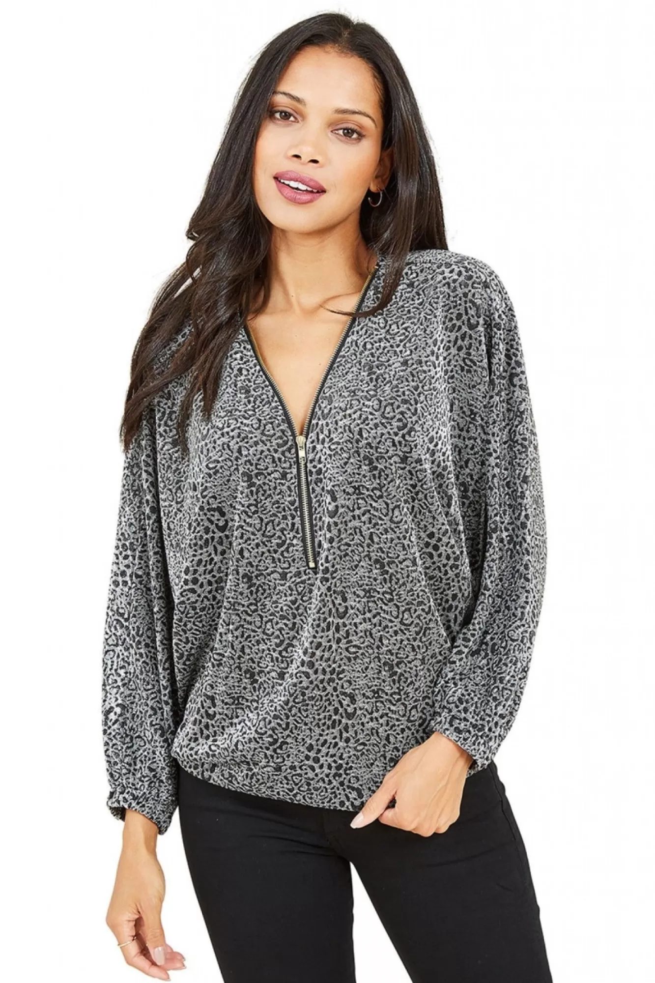 Blouses^Mela London Leopard Zip Top Silver