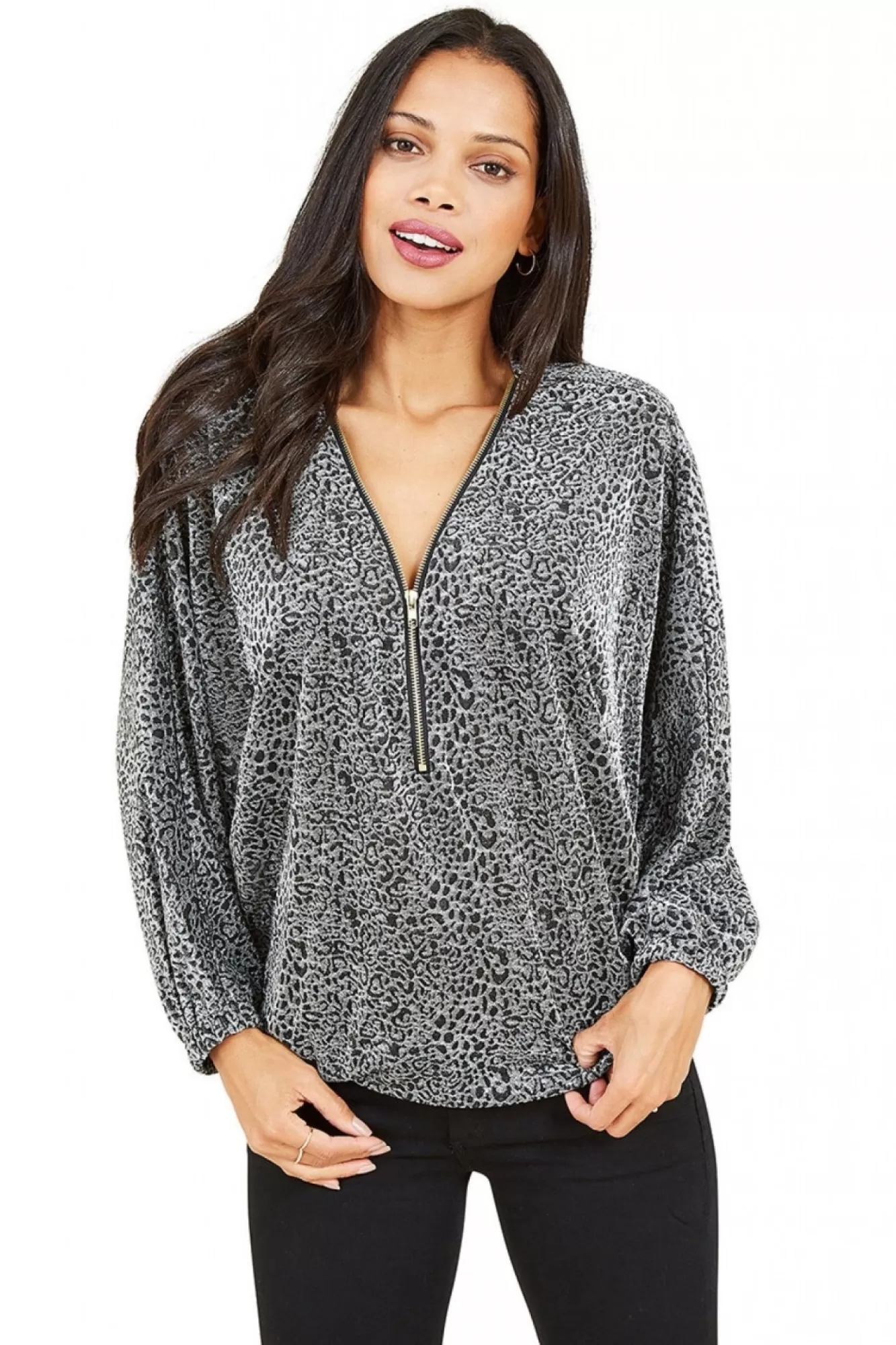 Blouses^Mela London Leopard Zip Top Silver