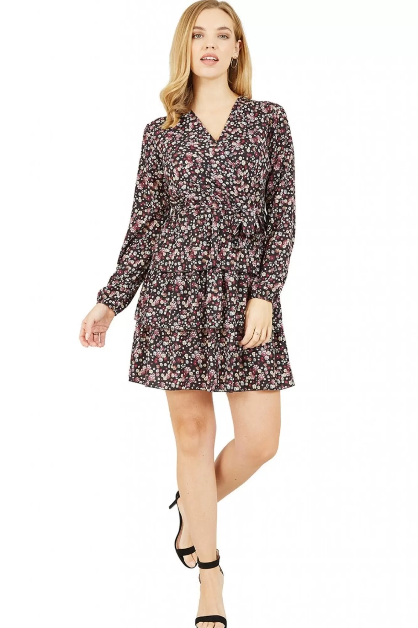 Mini Dresses^Mela London Mela Ditsy Flower Wrap Frill Dress Black