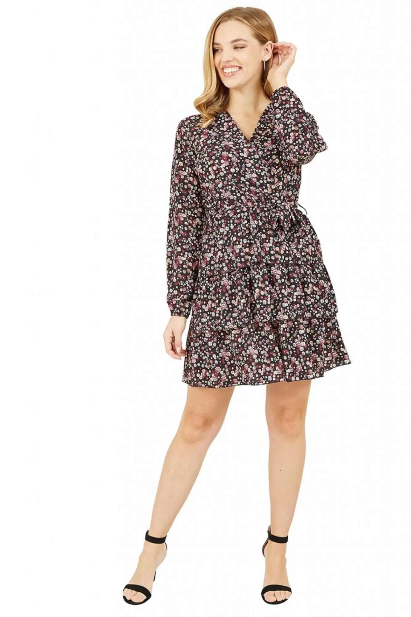 Mini Dresses^Mela London Mela Ditsy Flower Wrap Frill Dress Black