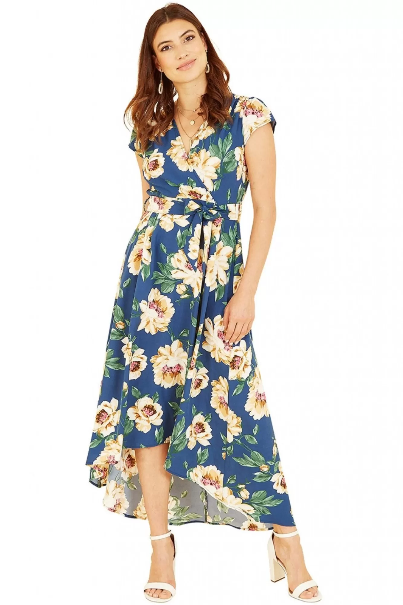 Midi Dresses^Mela London Painted Floral Print Dipped Hem Wrap Dress Blue