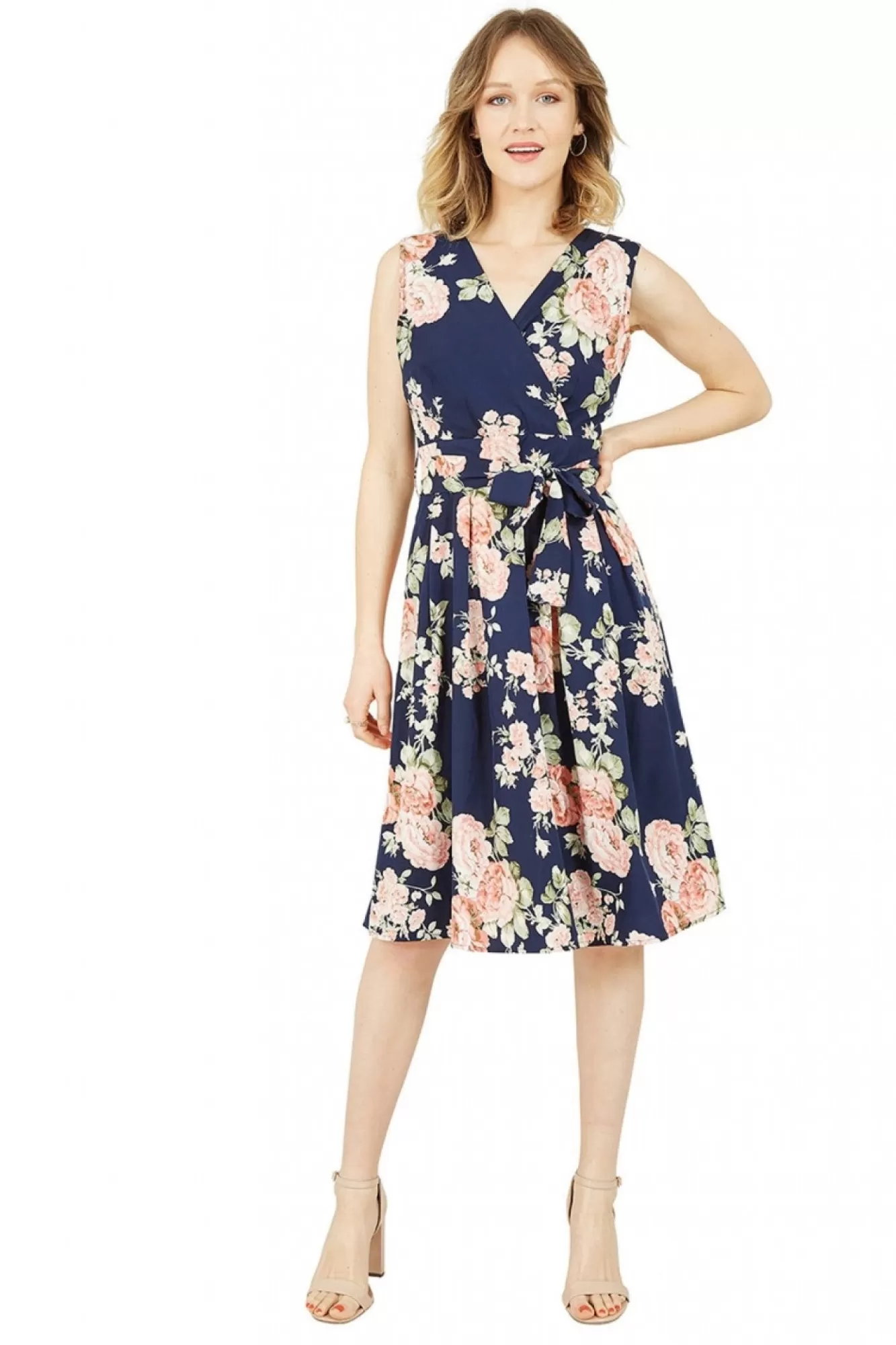 Mini Dresses^Mela London Rose Printed Wrap Over Sleeveless Skater Dress Blue