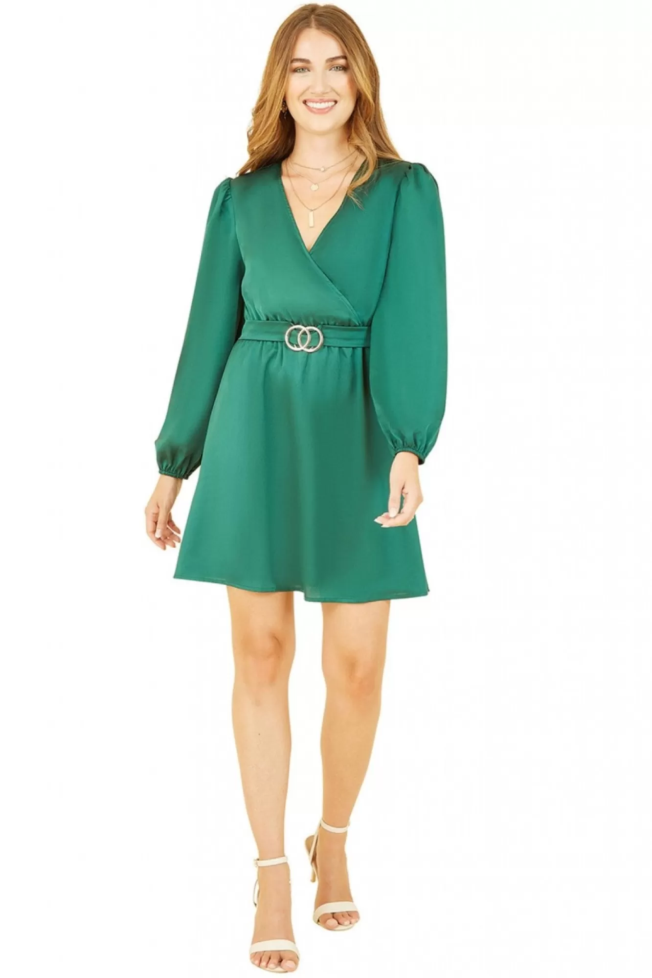 Mini Dresses^Mela London Satin Wrap Dress With Long Sleeves Green