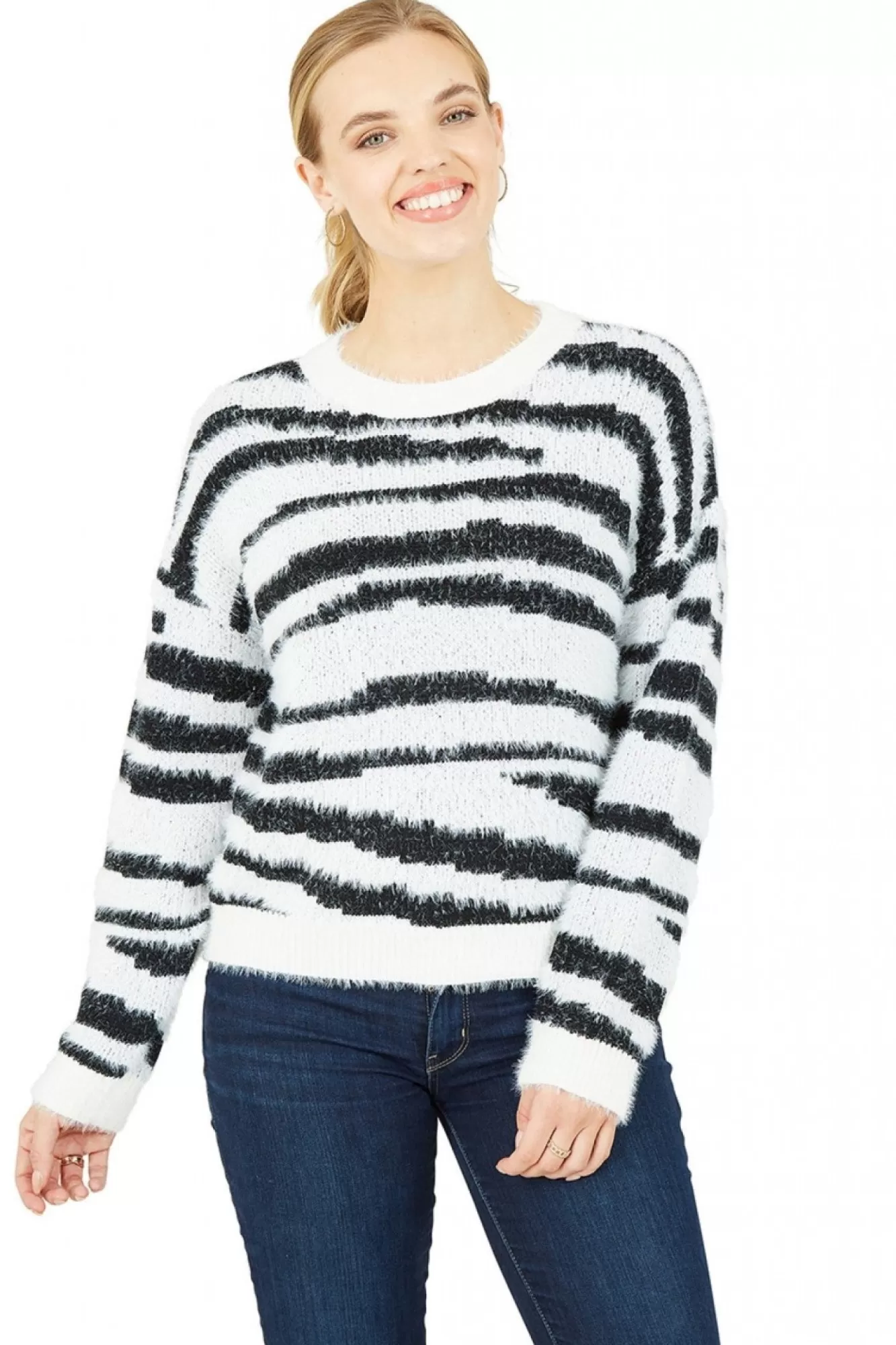 Jumpers^Mela London Zebra Knitted Fluffy Jumper Black