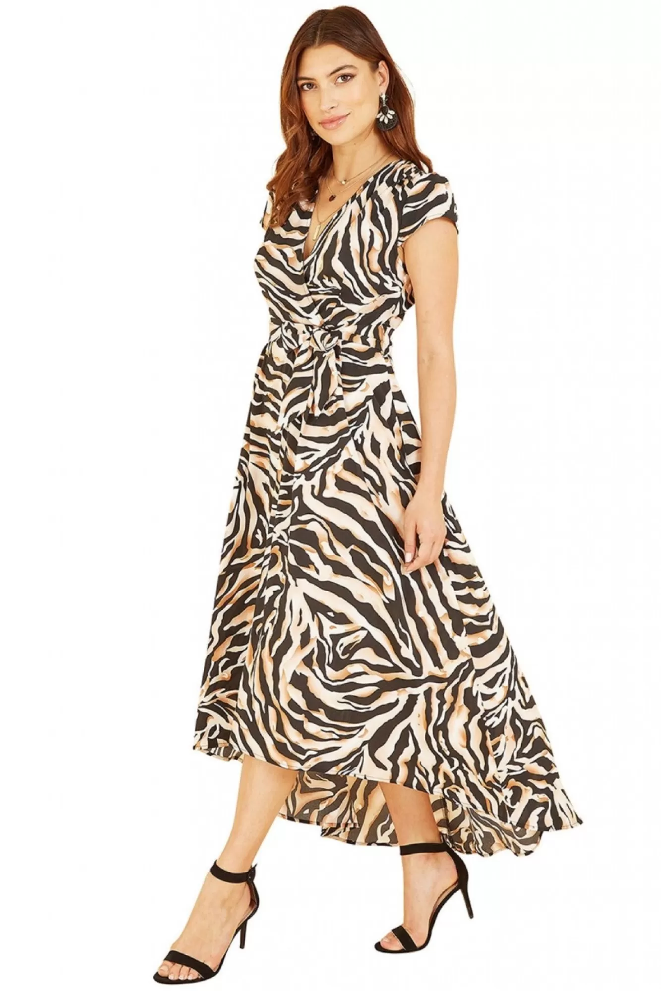 Midi Dresses^Mela London Zebra Print Dipped Hem Wrap Dress Black