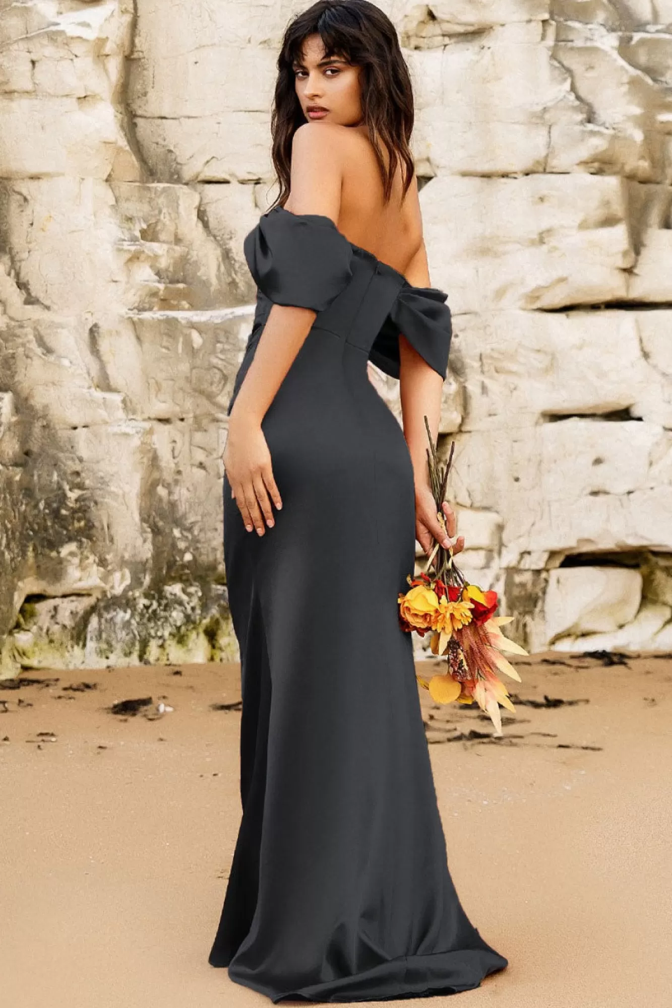 Maxi Dresses^* Off Shoulder Satin Maxi Dress With V Neck Black